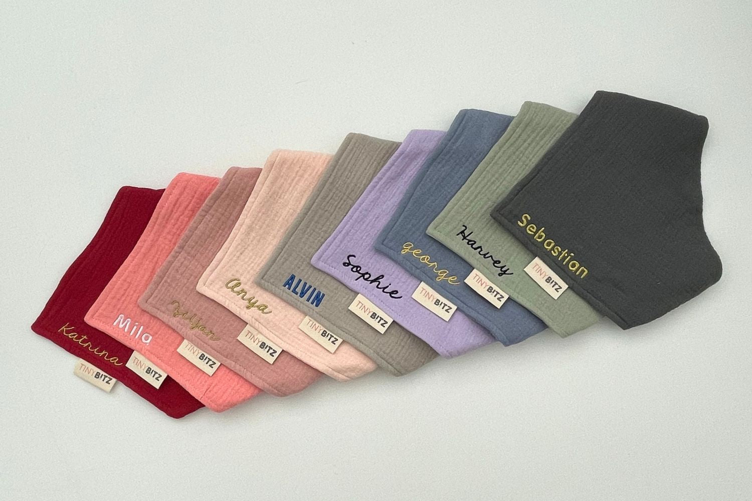 TinyBitz personalized organic cotton baby bib with custom name embroidery