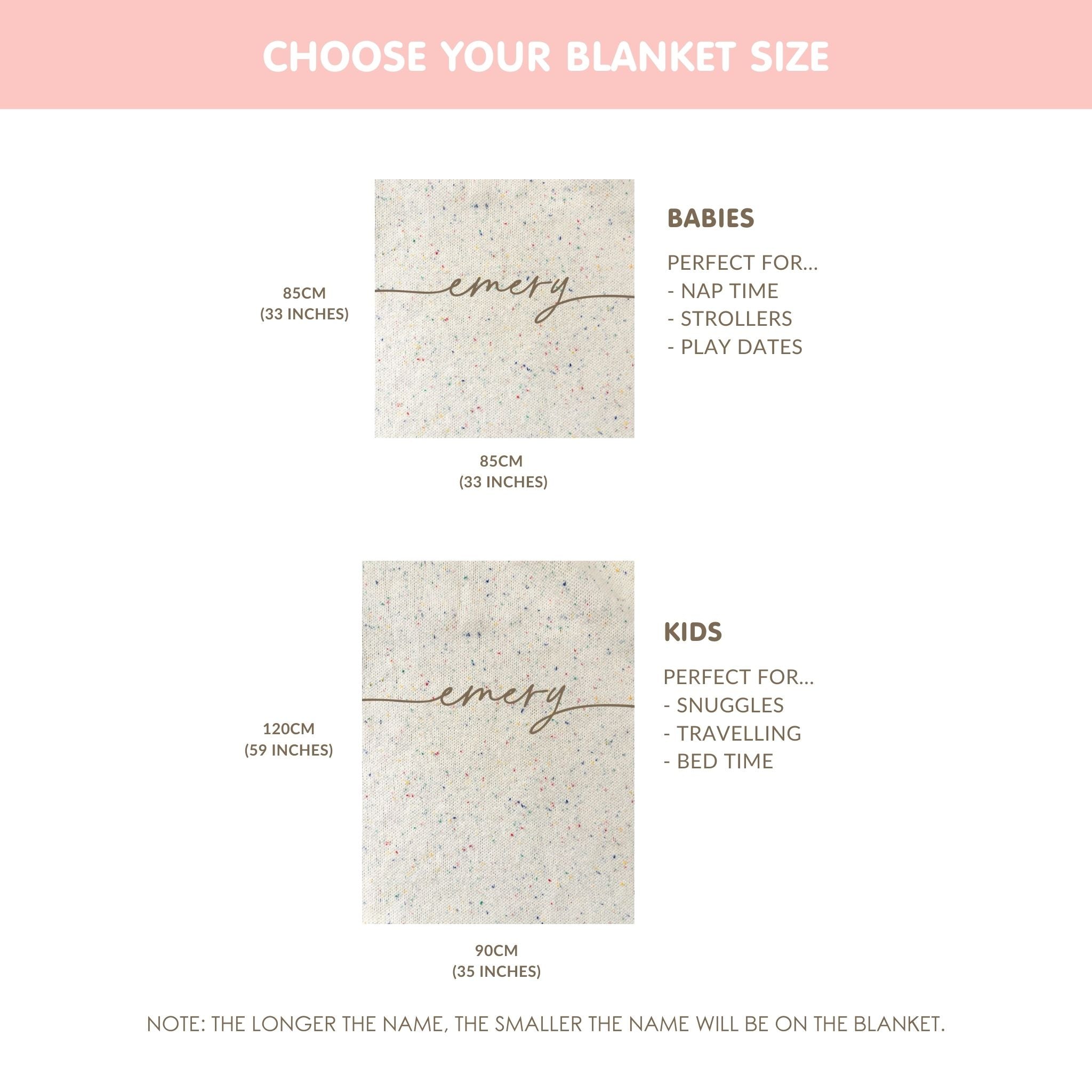 Size of the baby blanket. TinyBitz personalized knitted blanket in grey background with a confetti pattern, customized with baby's name.