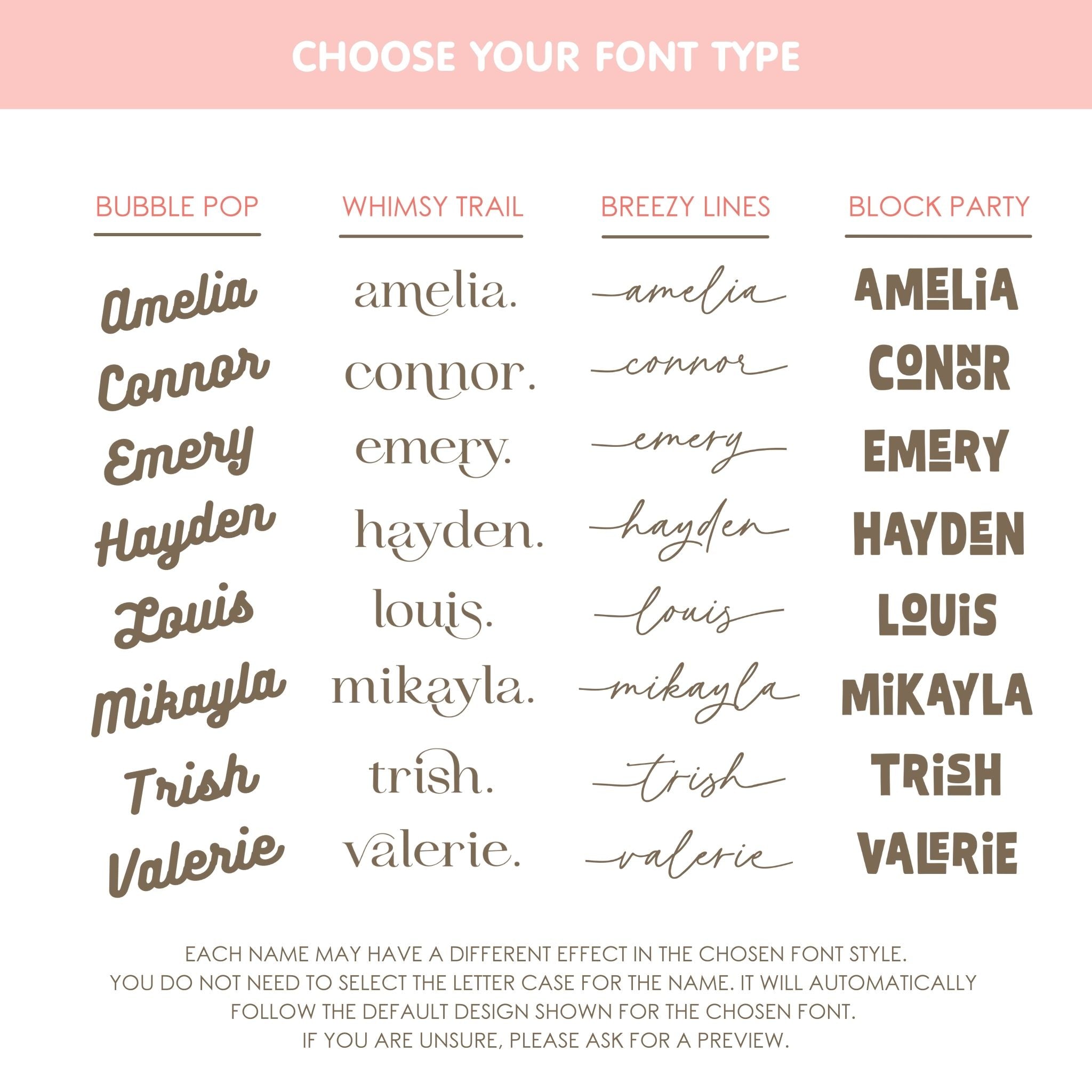 Font options for name personalization on the blanket. TinyBitz knitted baby blanket in pink background with a confetti pattern.