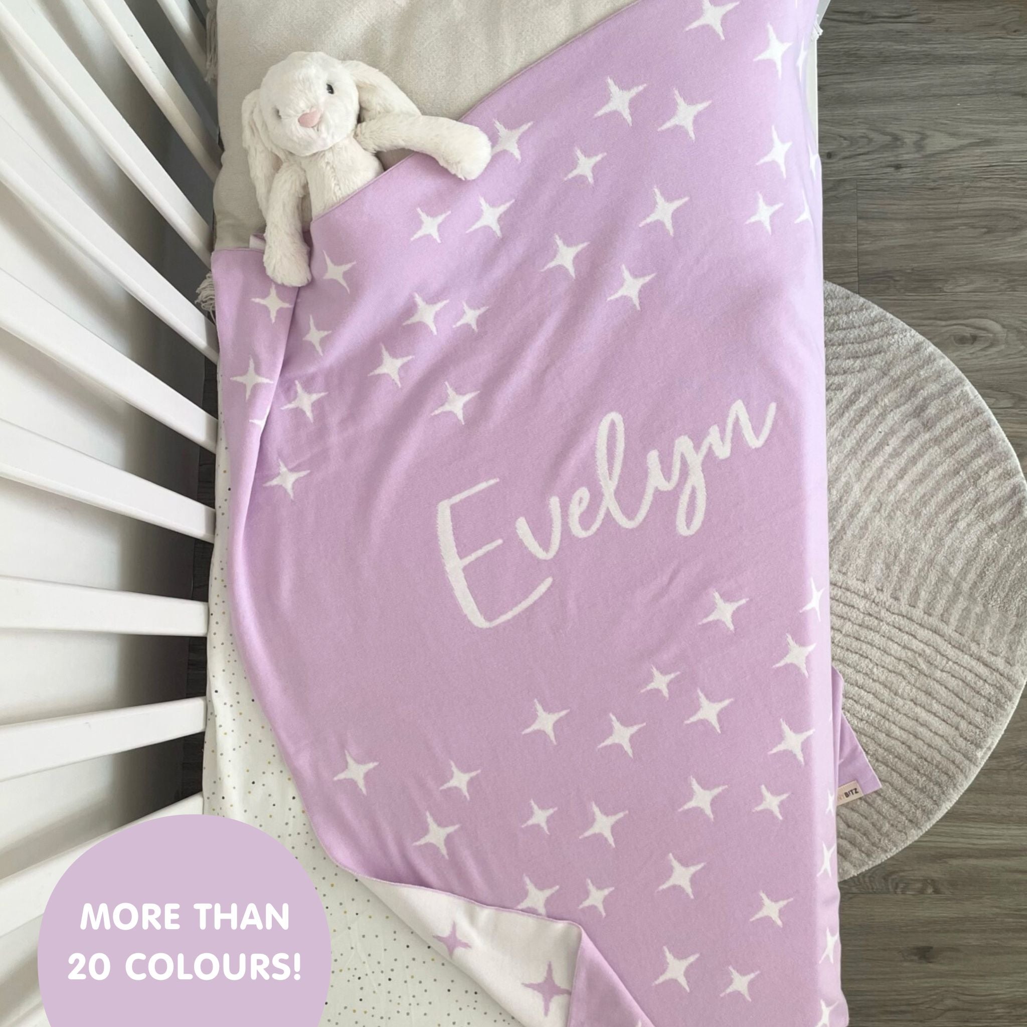 TinyBitz personalized name blanket in light purple and white with a twinkles pattern, perfect gift for newborn babies and kids.
