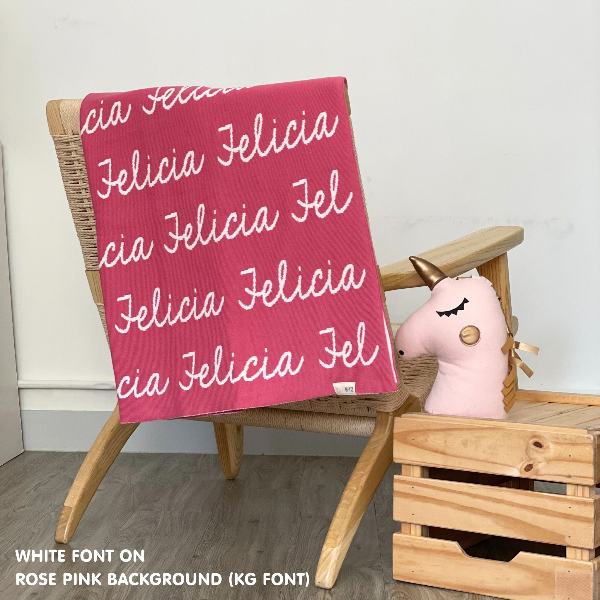 Personalised pet blanket in rose pink and white knitted cotton, cozy custom cat blanket by TinyBitz, perfect personalized gift for pet lovers.