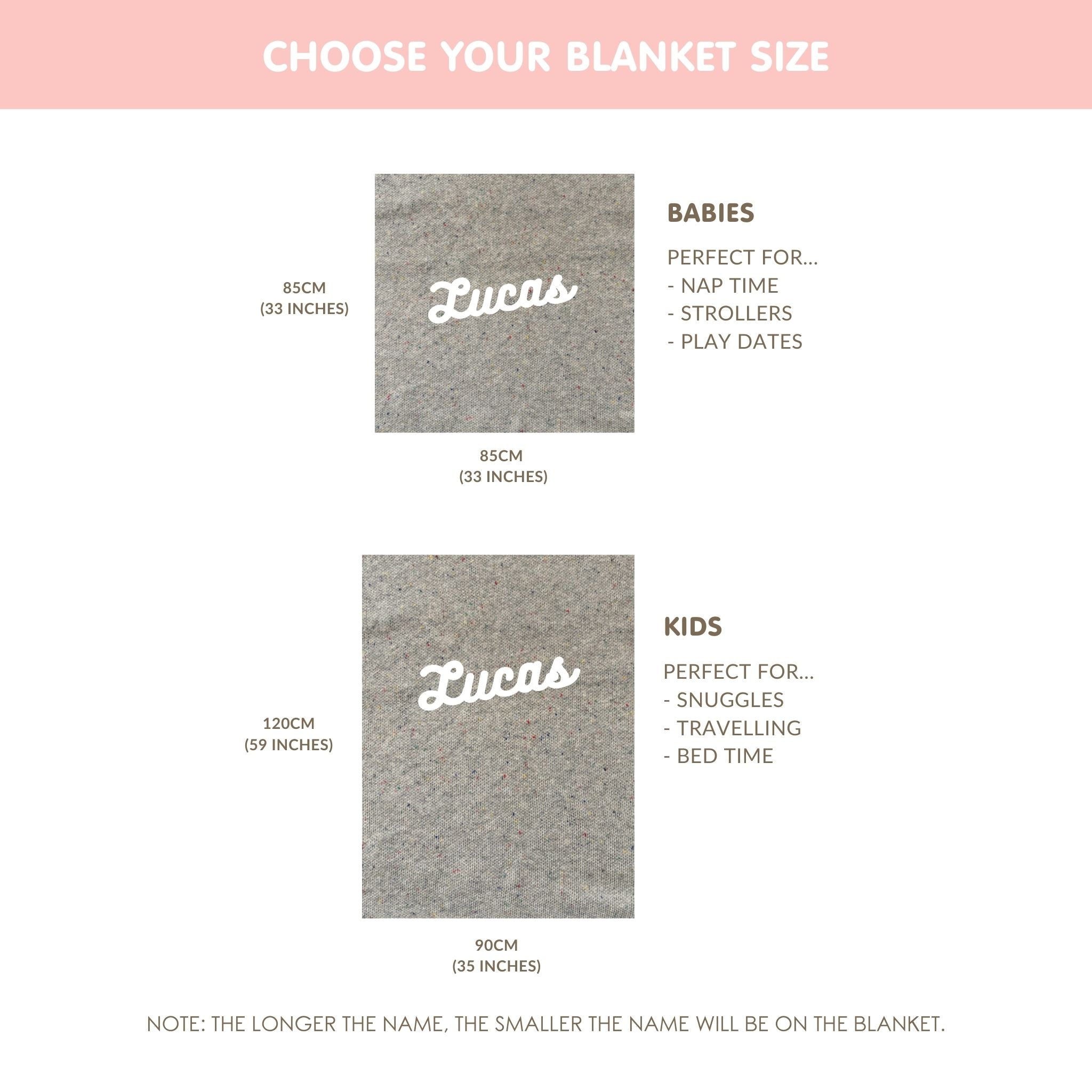 Size of the baby blanket. TinyBitz personalized knitted blanket in grey background with a confetti pattern, customized with baby's name.