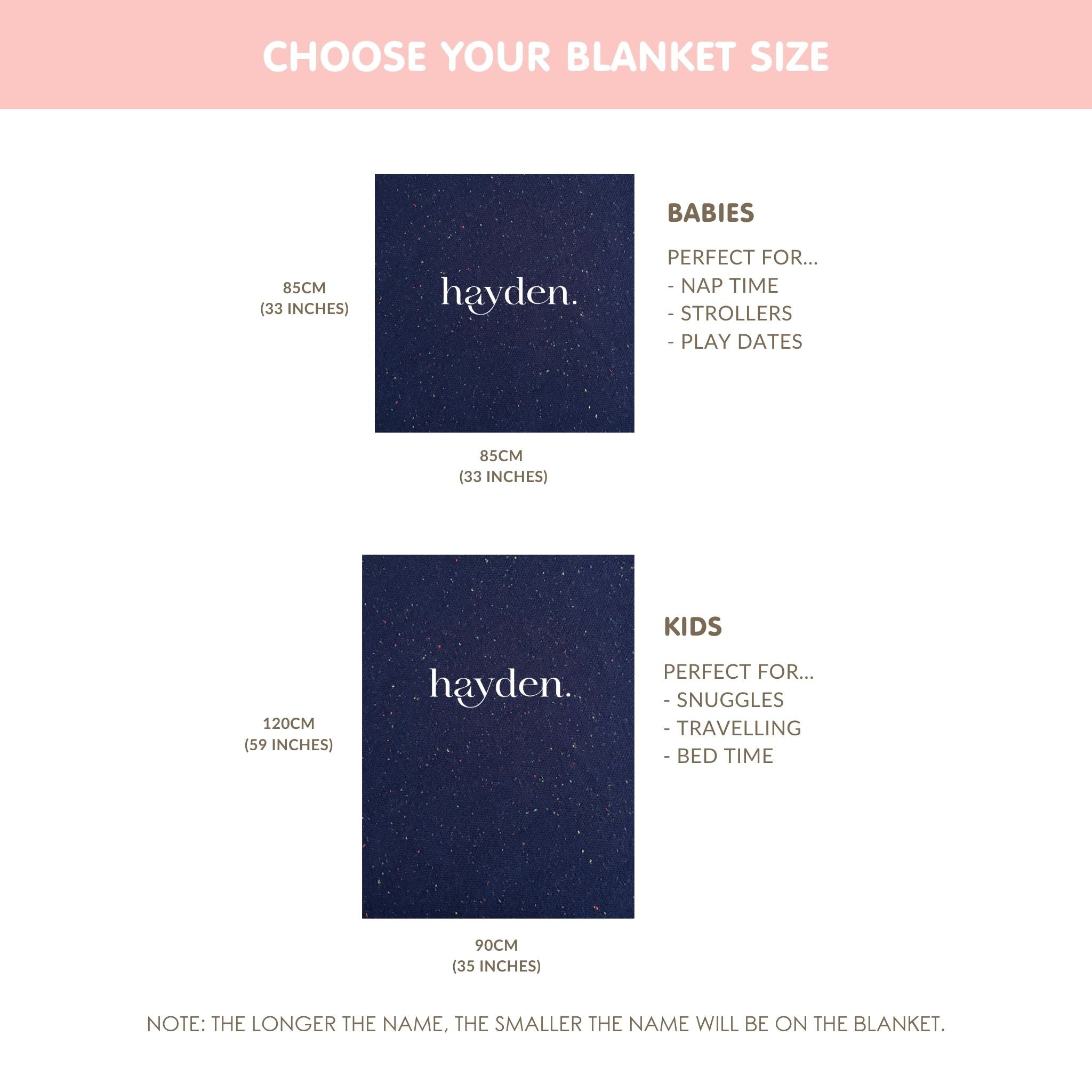 Size of the baby blanket. TinyBitz personalized knitted blanket in navy background with a confetti pattern, customized with baby's name.