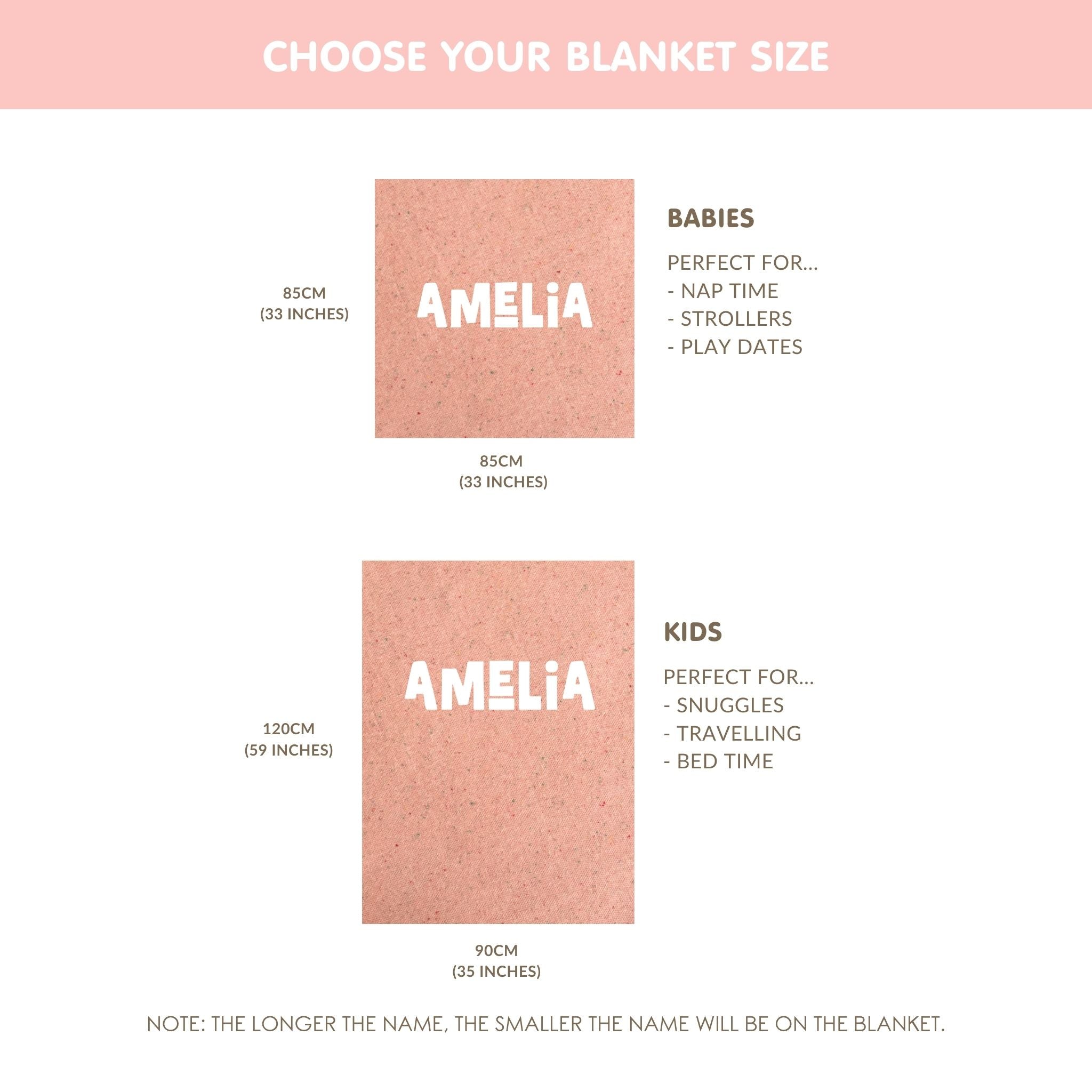 Size of the baby blanket. TinyBitz personalized knitted blanket in pink background with a confetti pattern, customized with baby's name.