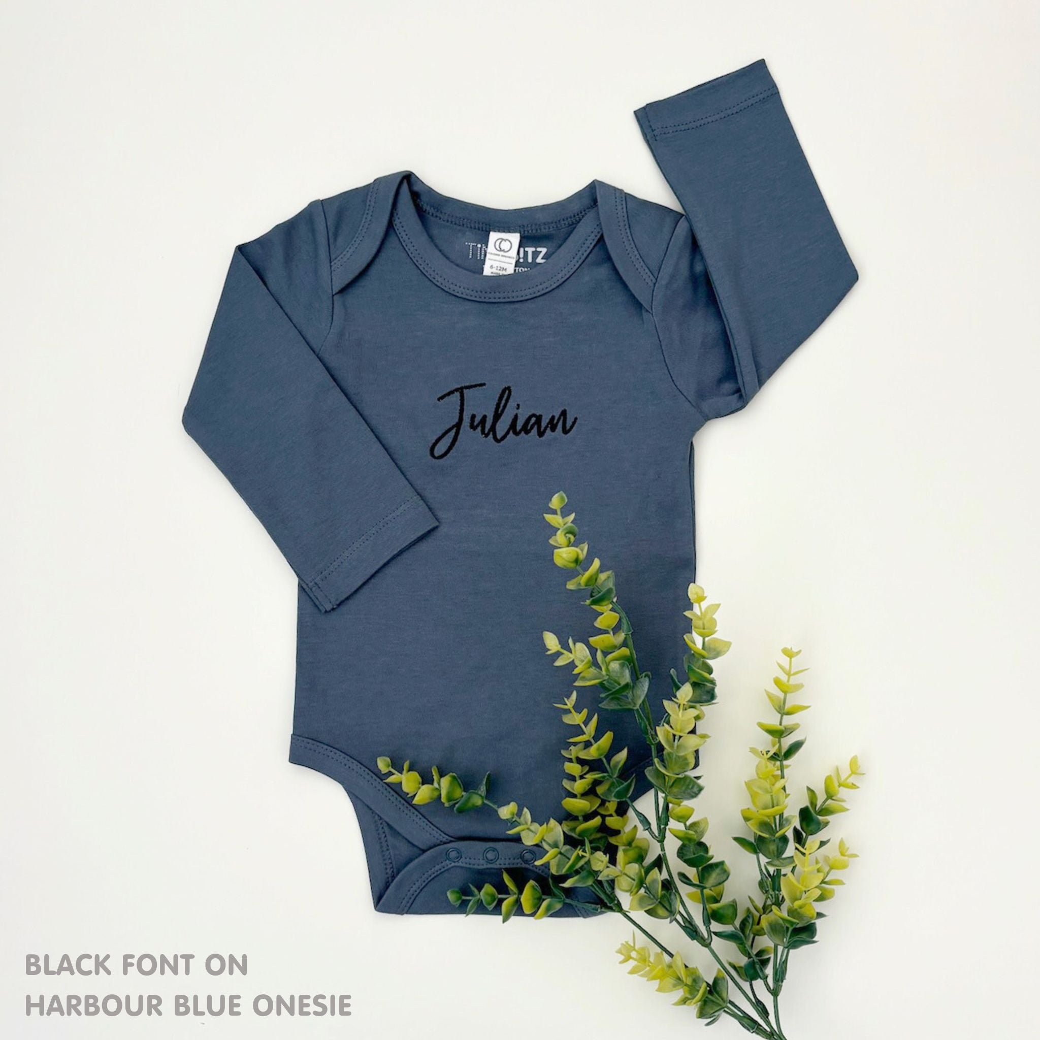 Custom name onesie in harbour blue, personalised baby clothing made with soft breathable fabric by TinyBitz.