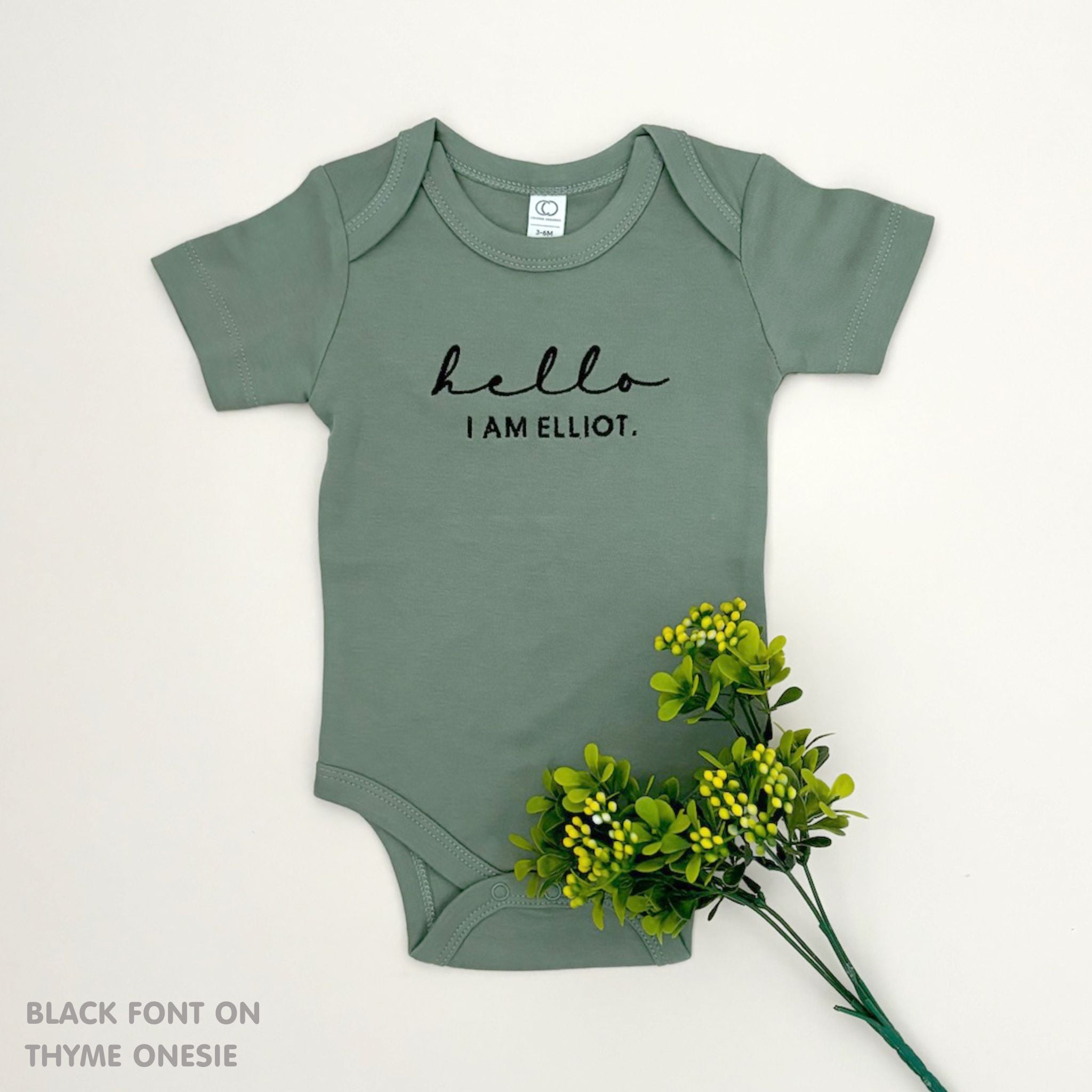 Personalised baby onesie with name embroidery in soft thyme cotton, custom newborn gift by TinyBitz