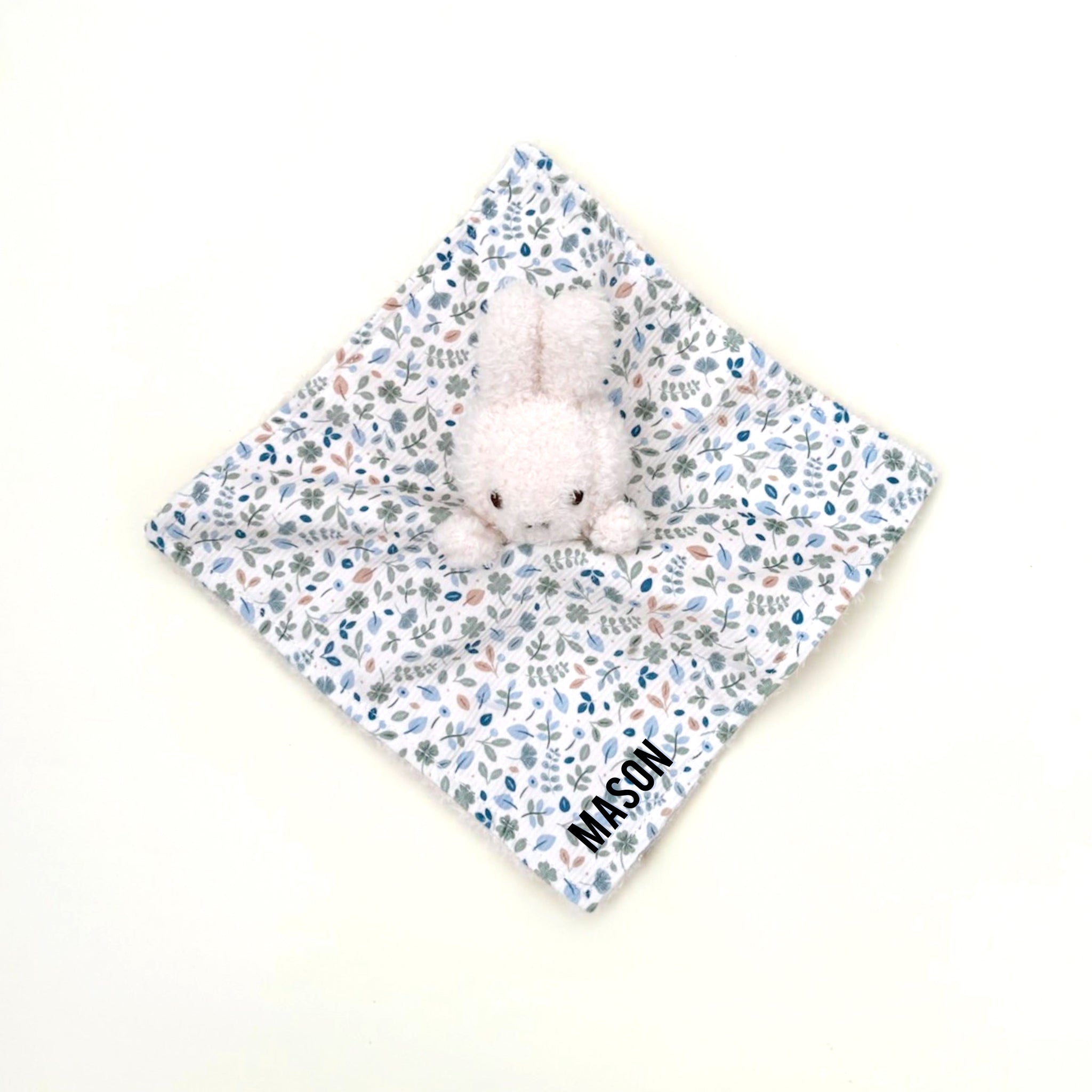 Floral Miffy cuddle cloth comforter embroidered with baby's name, a personalised baby gift and keepsake featuring the iconic Miffy toy.