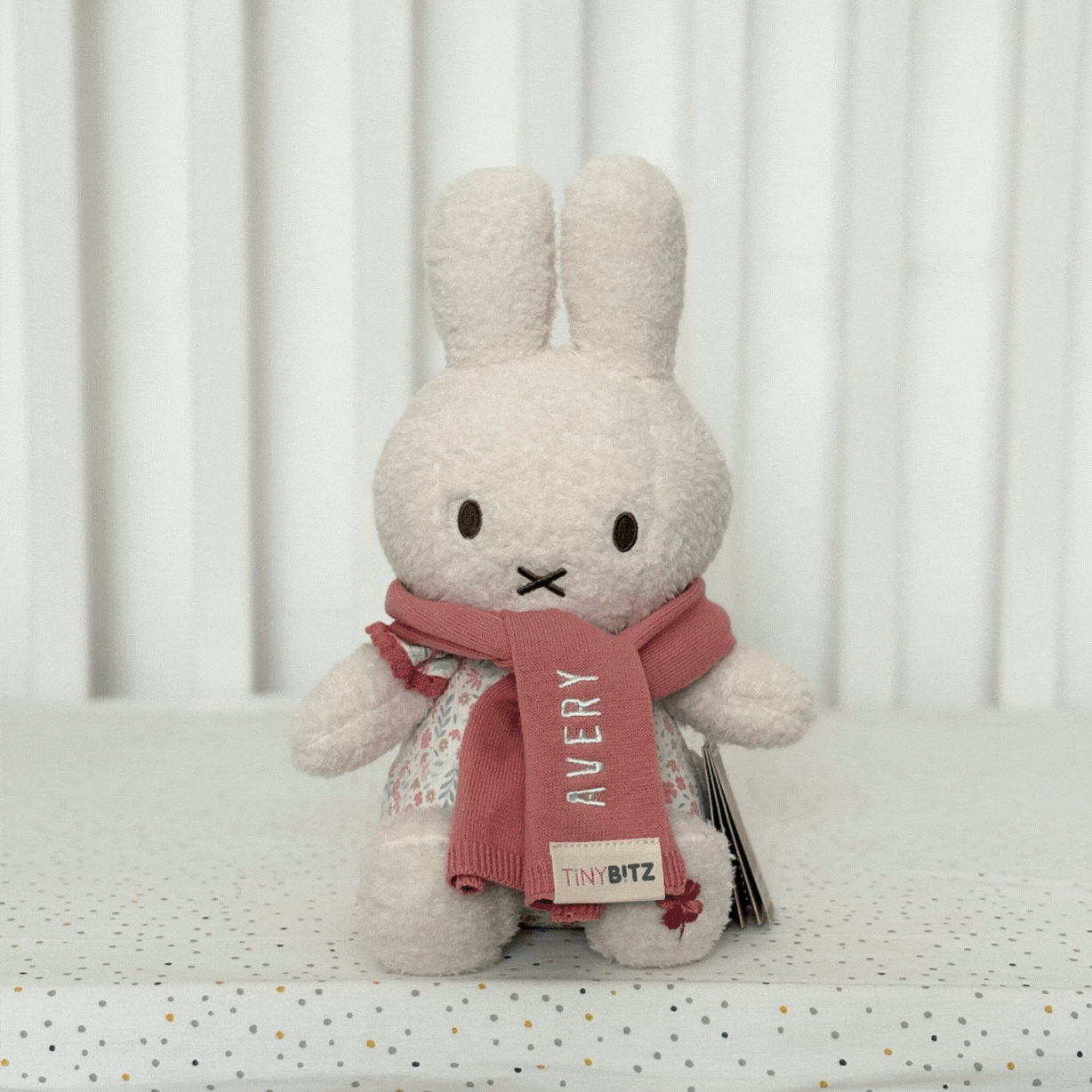 Personalised Miffy toy with a personalized embroidered scarf showing baby names, a unique baby gift from TinyBitz.