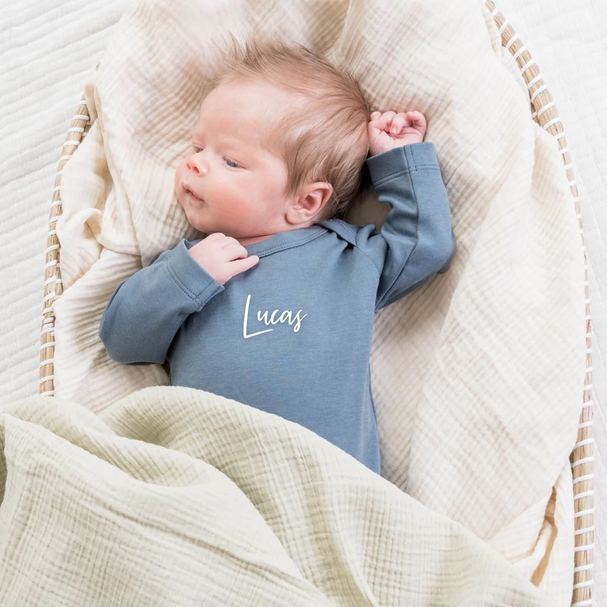 Personalised baby onesie with name embroidery in soft harbour blue cotton, custom newborn gift by TinyBitz