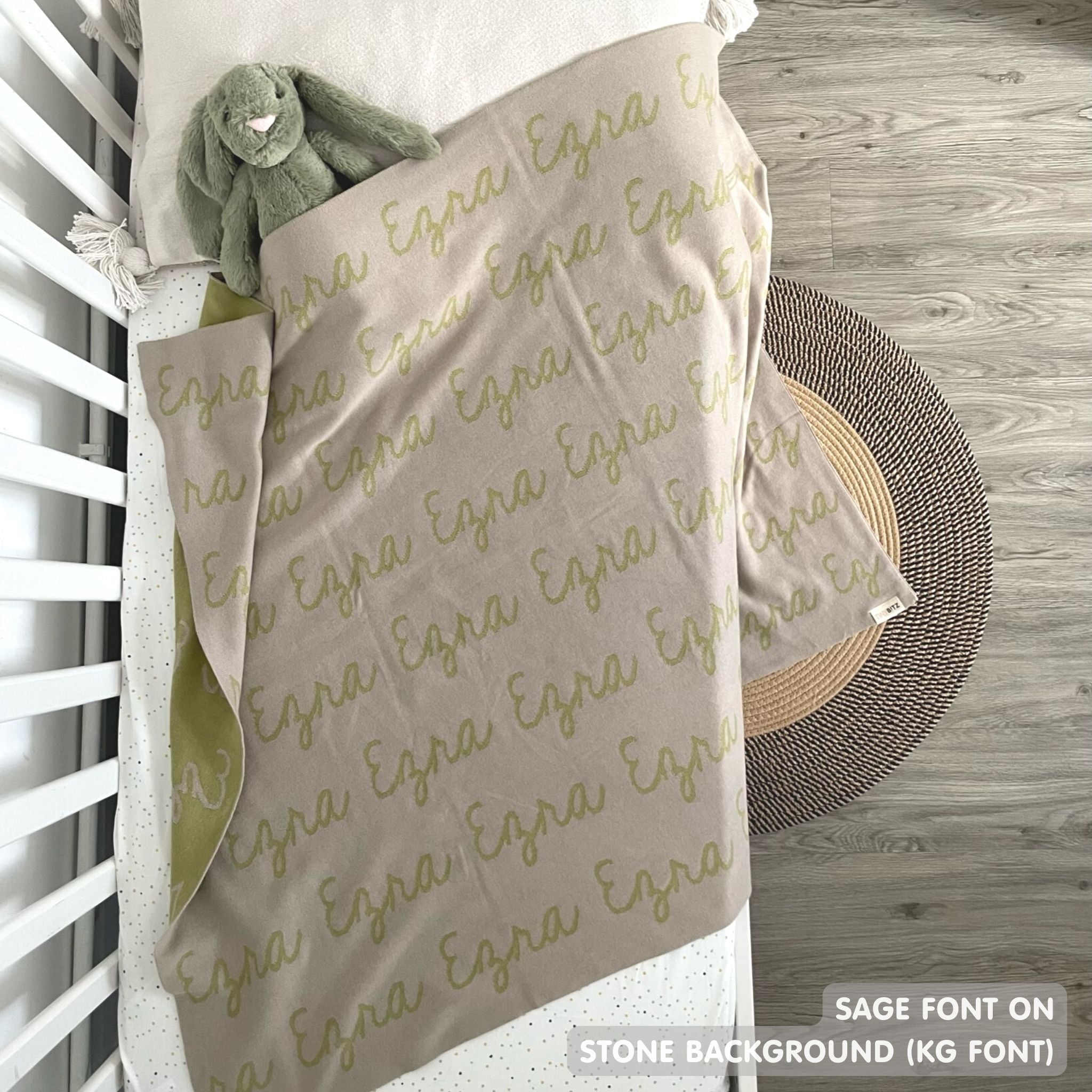 Cotton Kids Blanket with name knitted in stone and sage, made by TinyBitz.