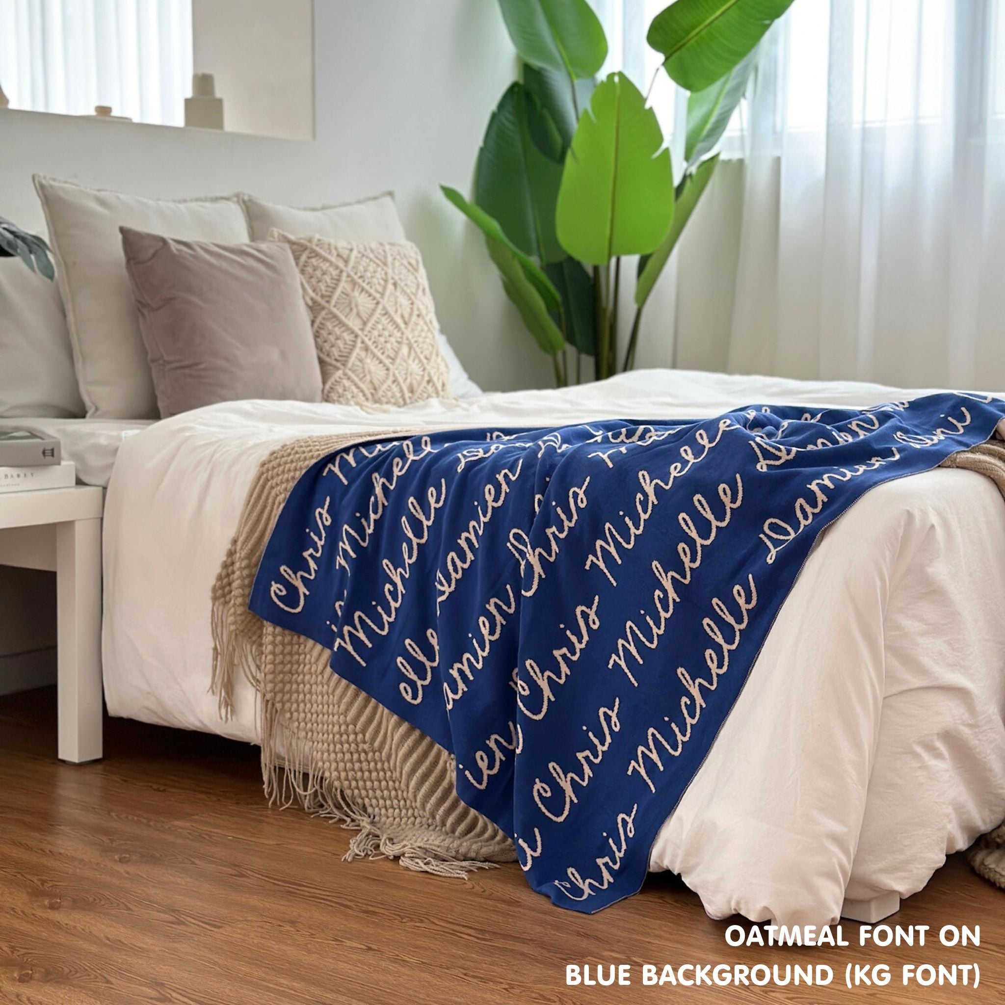 Custom name blanket draped on bed, knitted in blue and oatmeal makes the best personalised home decor.