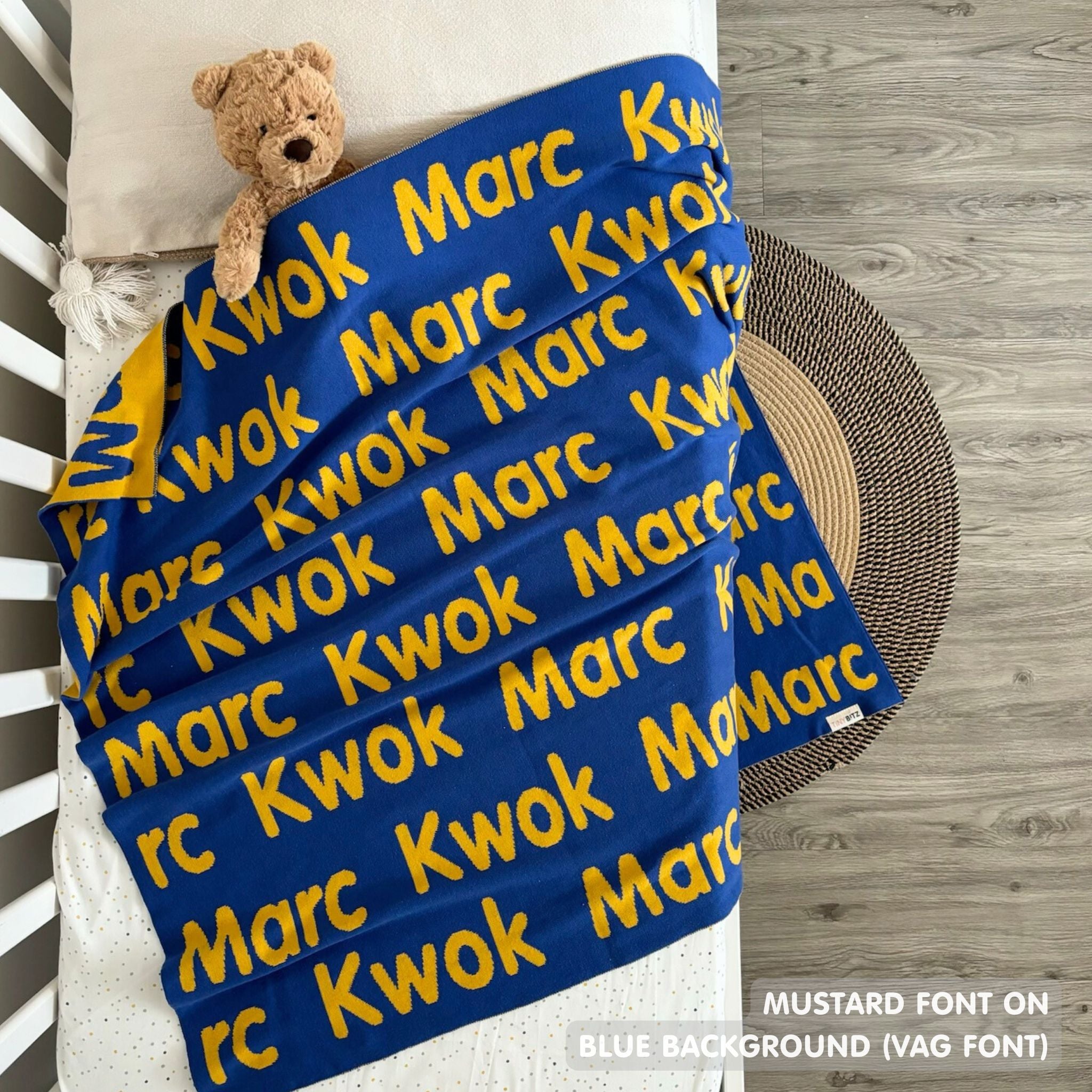 TinyBitz Custom blanket for baby boys sknitted from cotton in blue and mustard, made by TinyBitz.