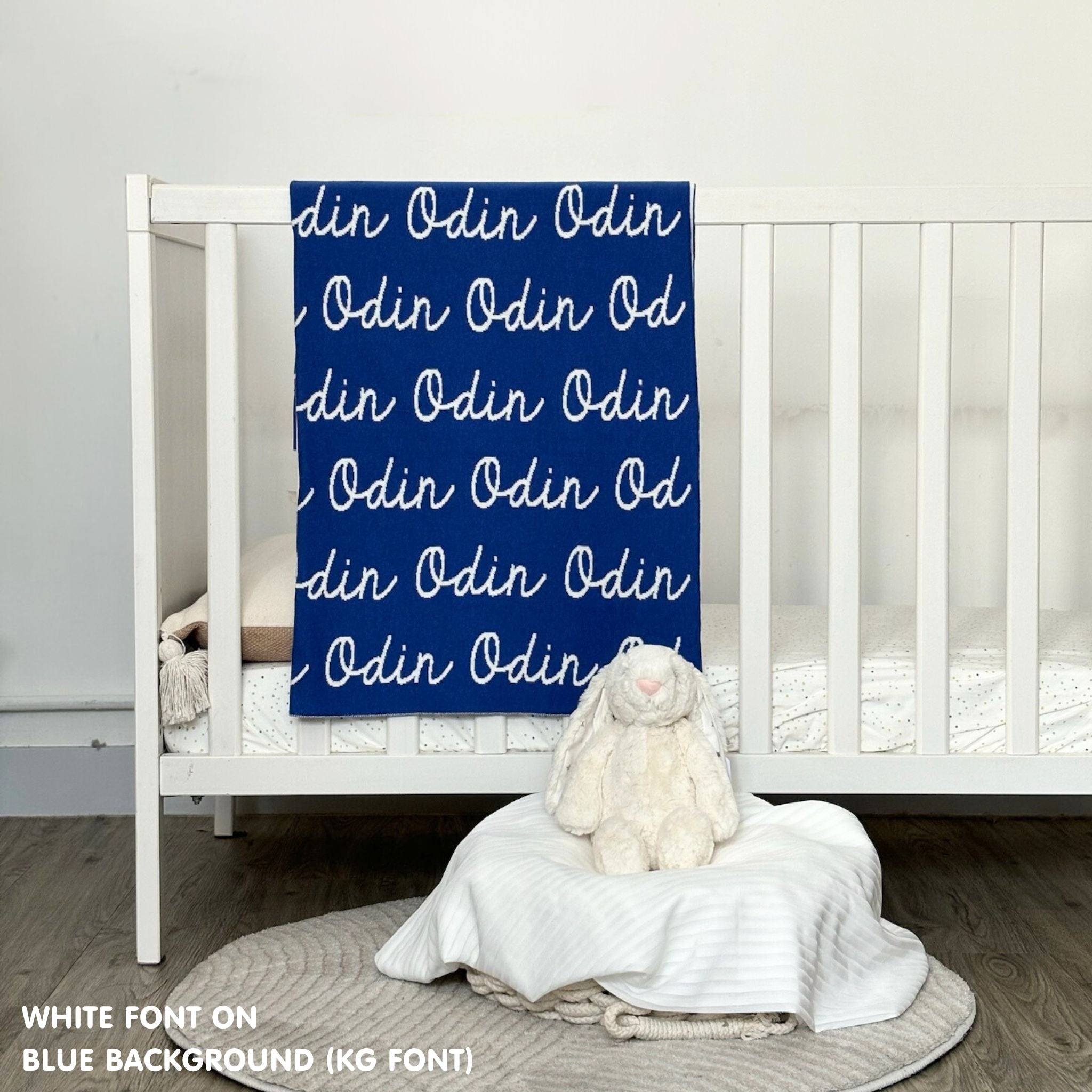 TinyBitz Personalized baby knitted name blanket in blue and white, making the best baby shower gift!