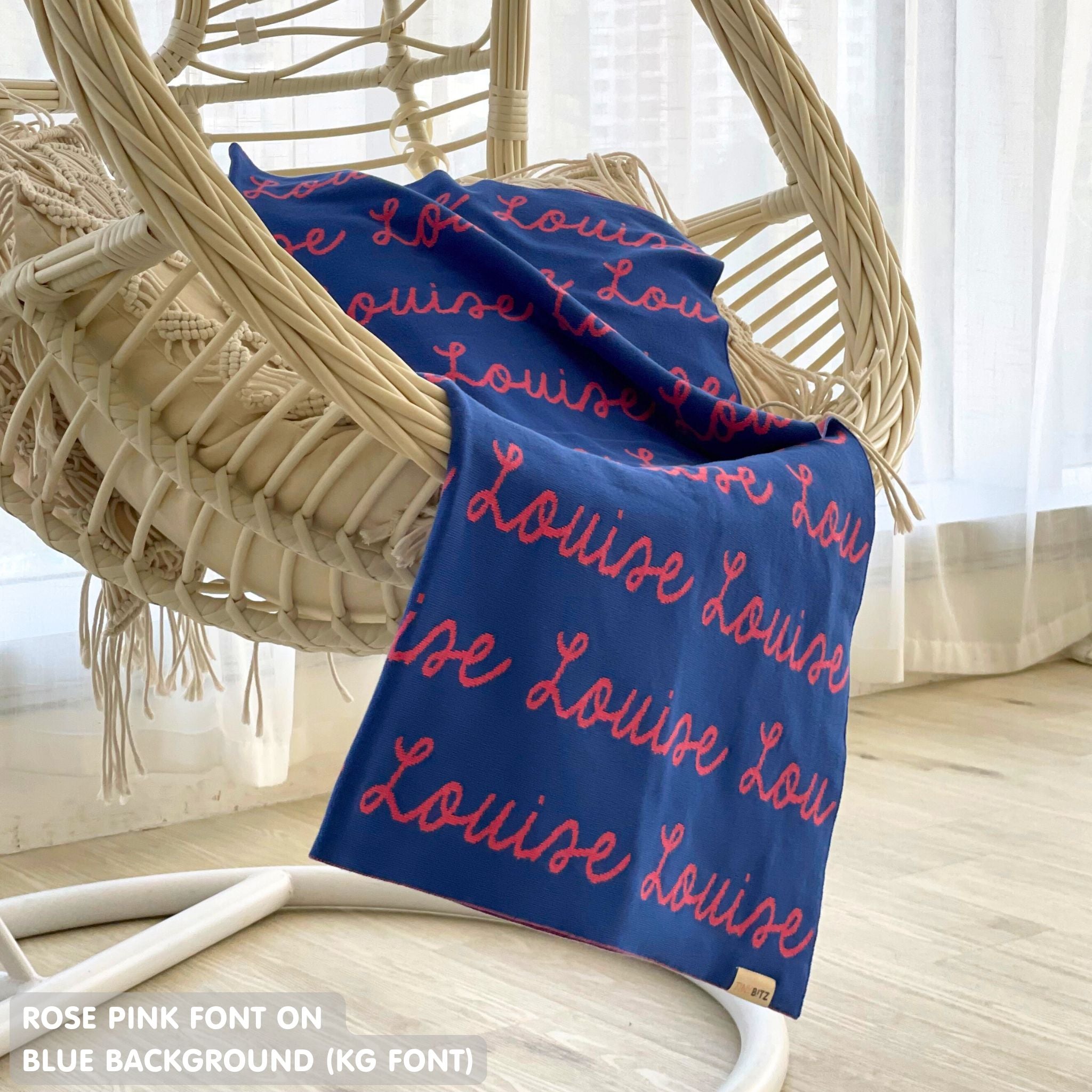 Personalised pet blanket for dogs in blue and rose pink, custom knitted dog blanket by TinyBitz, cozy gift for small dogs.