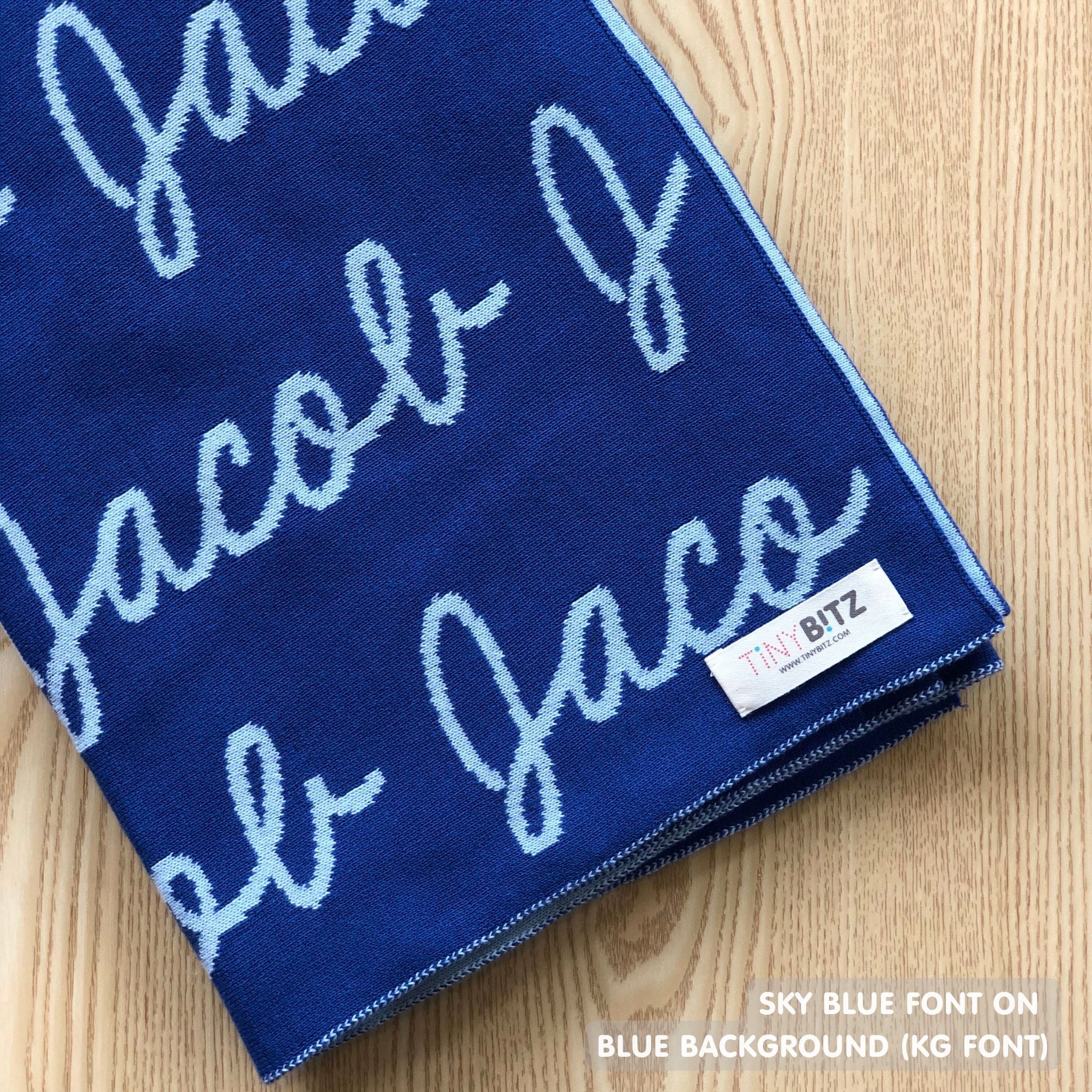 Personalised pet blanket with name Jacob in blue and sky blue, custom dog blanket by TinyBitz, cozy gift for dogs.