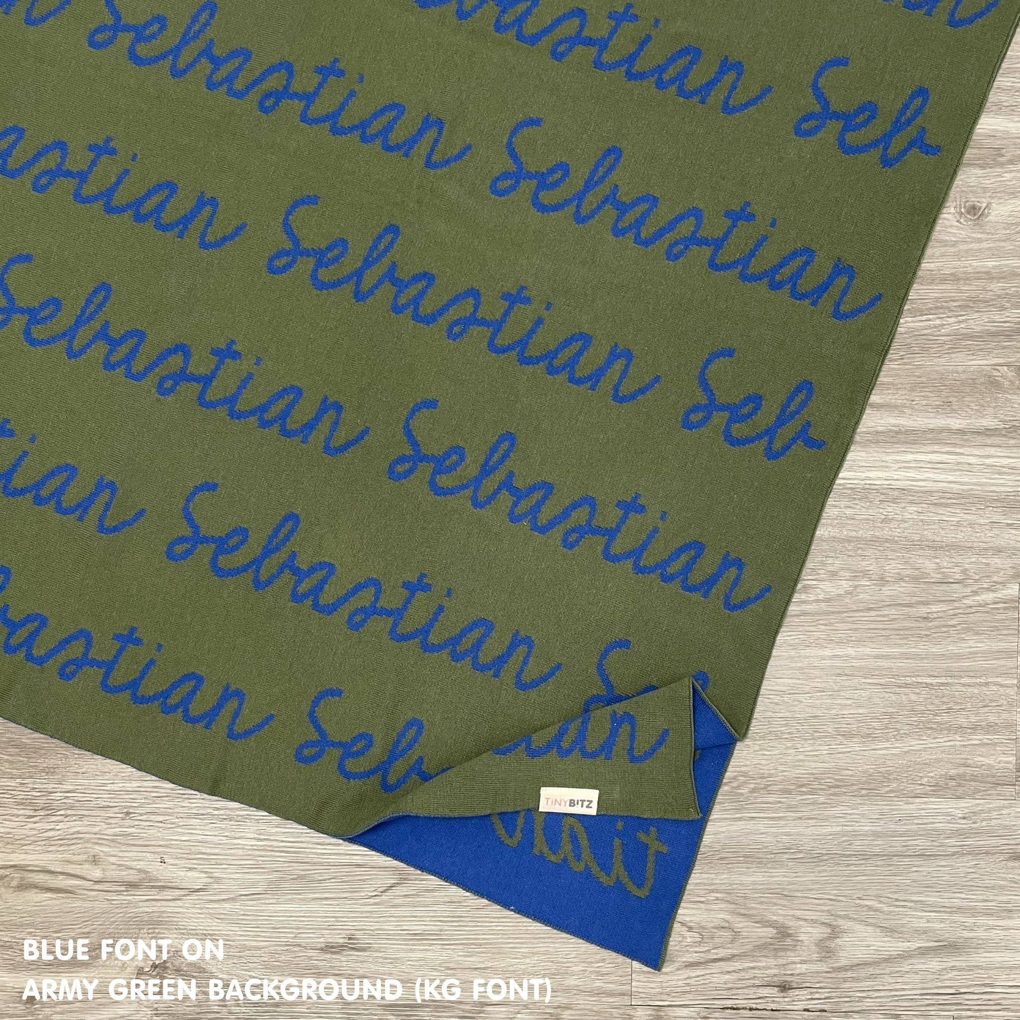 Personalised pet blanket for dogs in army green and blue knitted cotton, custom knitted dog blanket by TinyBitz, perfect gift for cat lovers.
