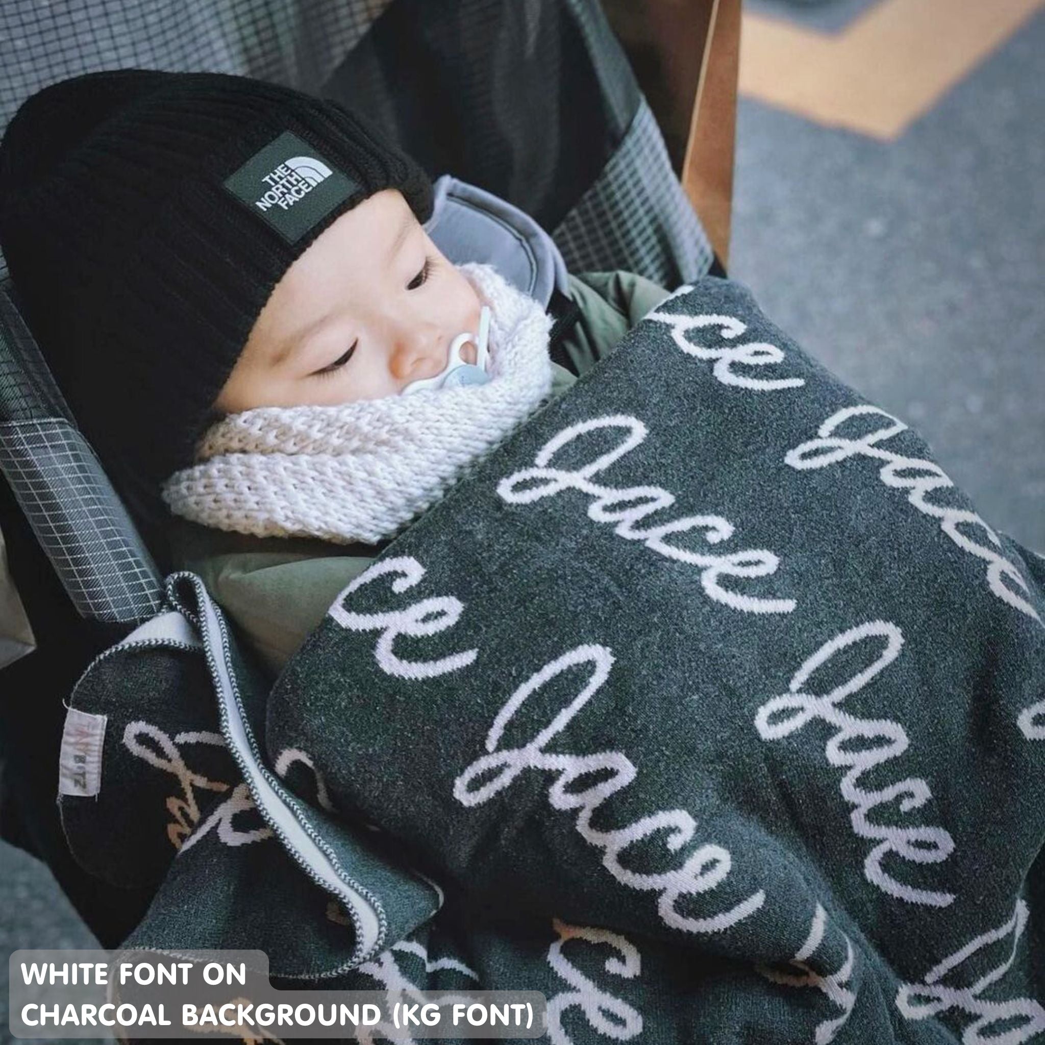 TinyBitz Personalized name blanket in charcoal and white, perfect gift for newborn babies.