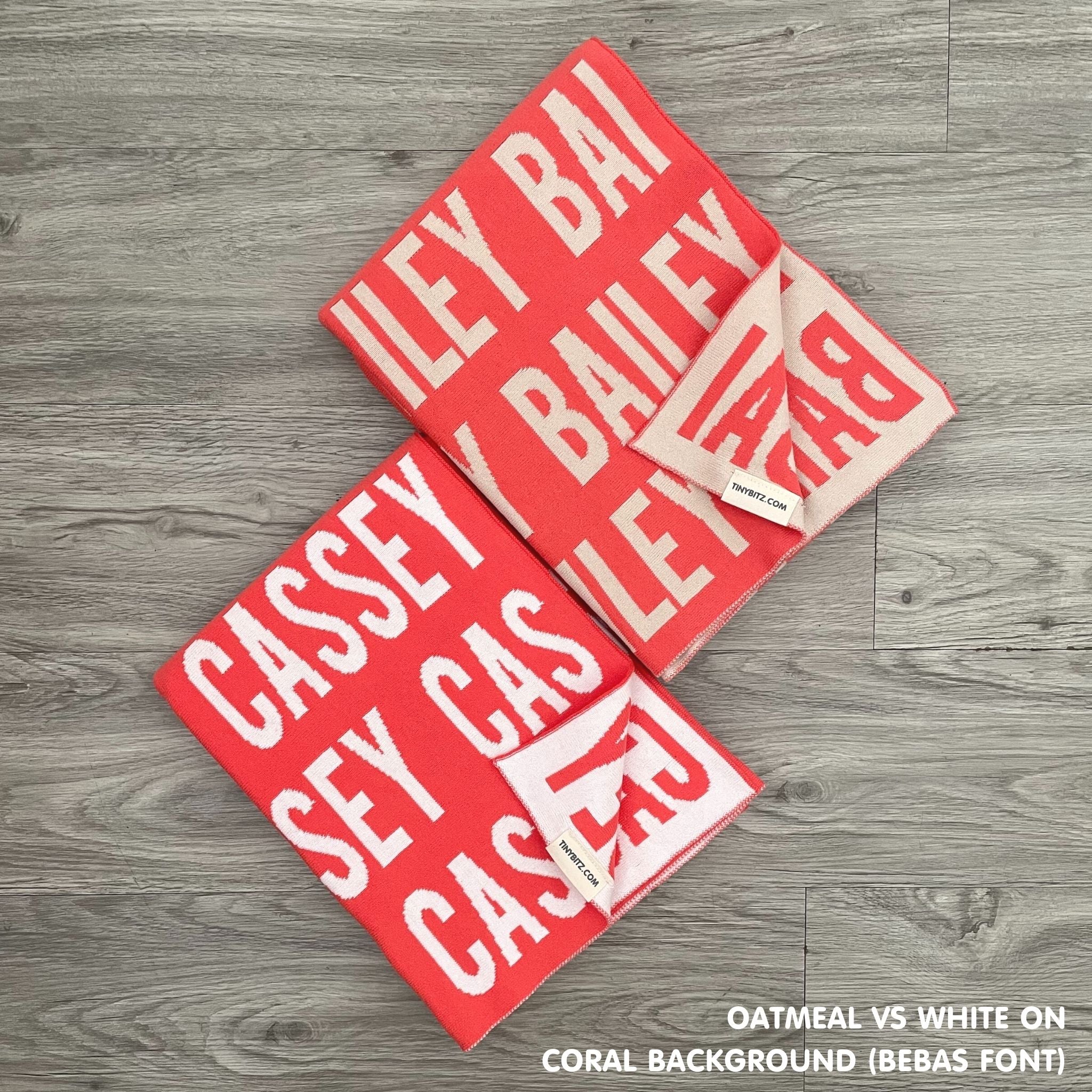 TinyBitz knitted cotton blanket in coral, personalised with your own name!