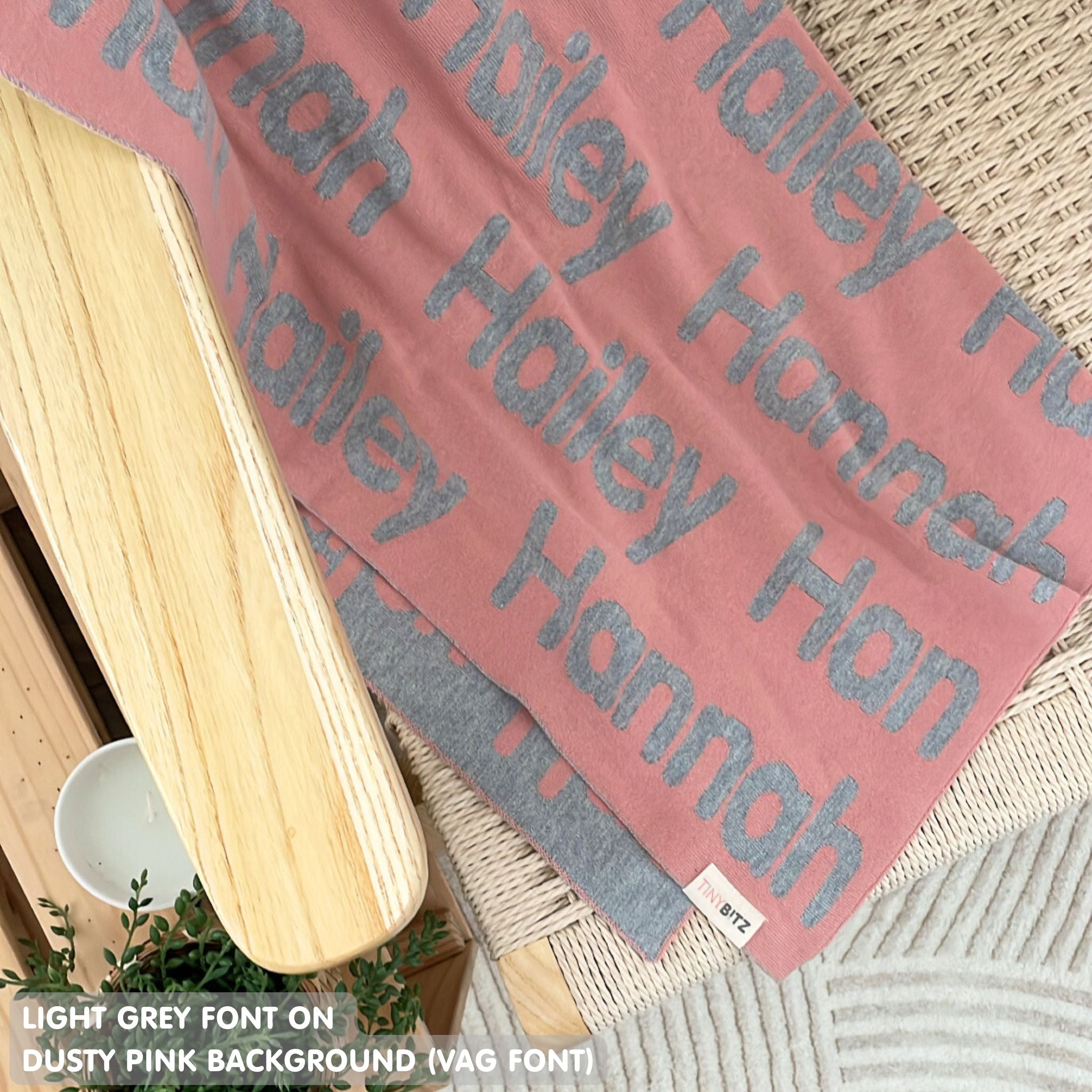 Personalised pet blanket for dogs in dusty pink and light grey, custom knitted dog blanket by TinyBitz, cozy gift for small dogs.