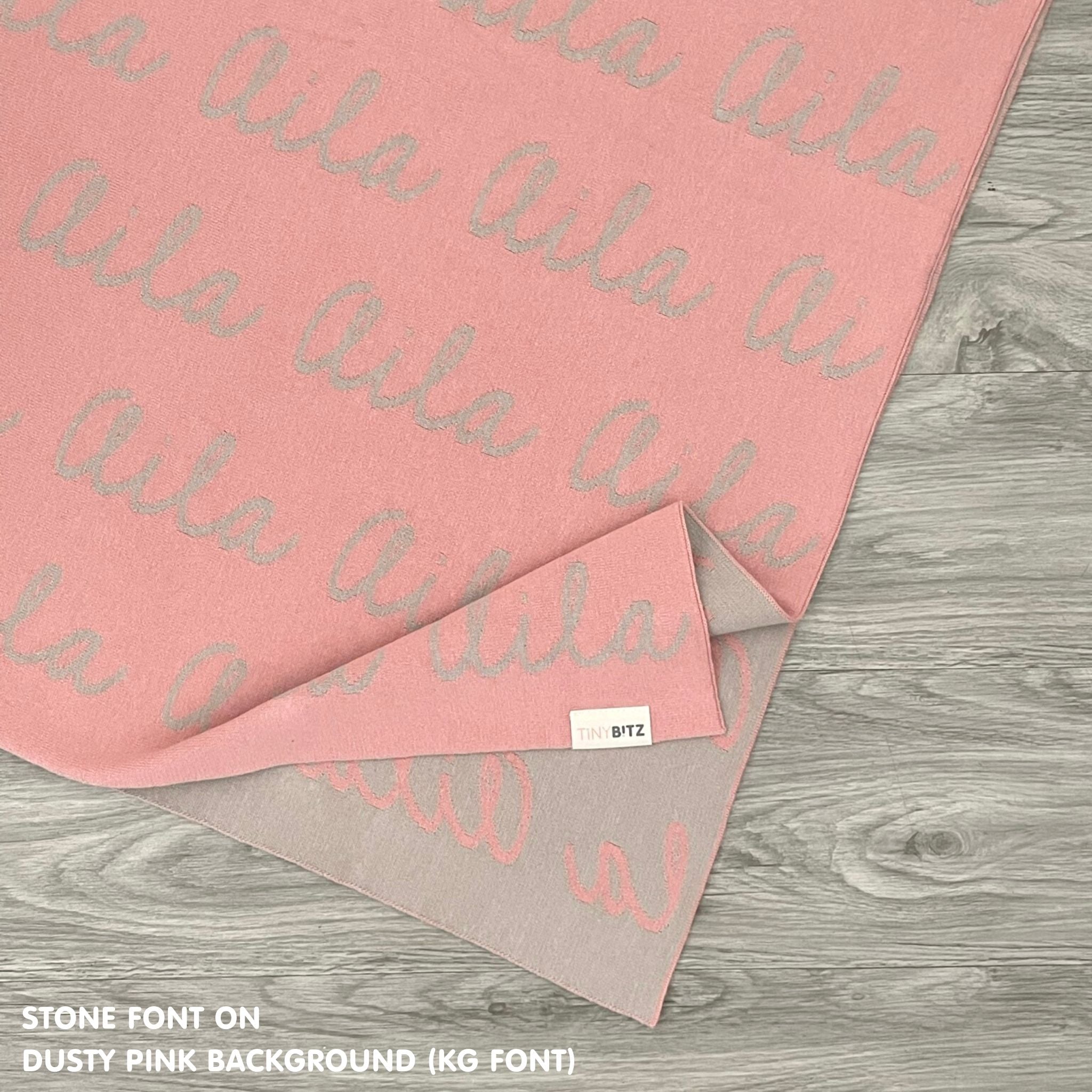 Personalised blanket for adult knitted from cotton in dusty pink and stone, custom made by TinyBitz.