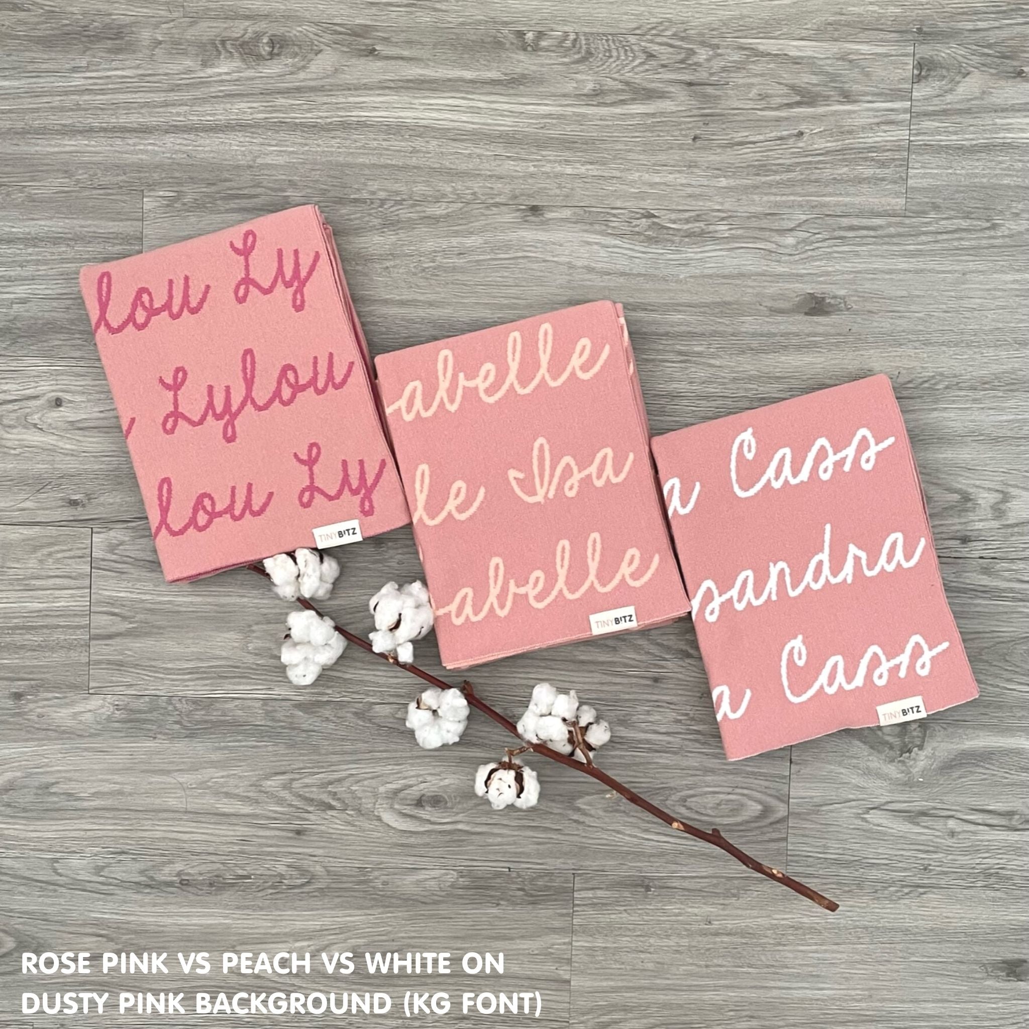 Customisable blanket with adult's name knitted in dusty pink, personalized by TinyBitz.