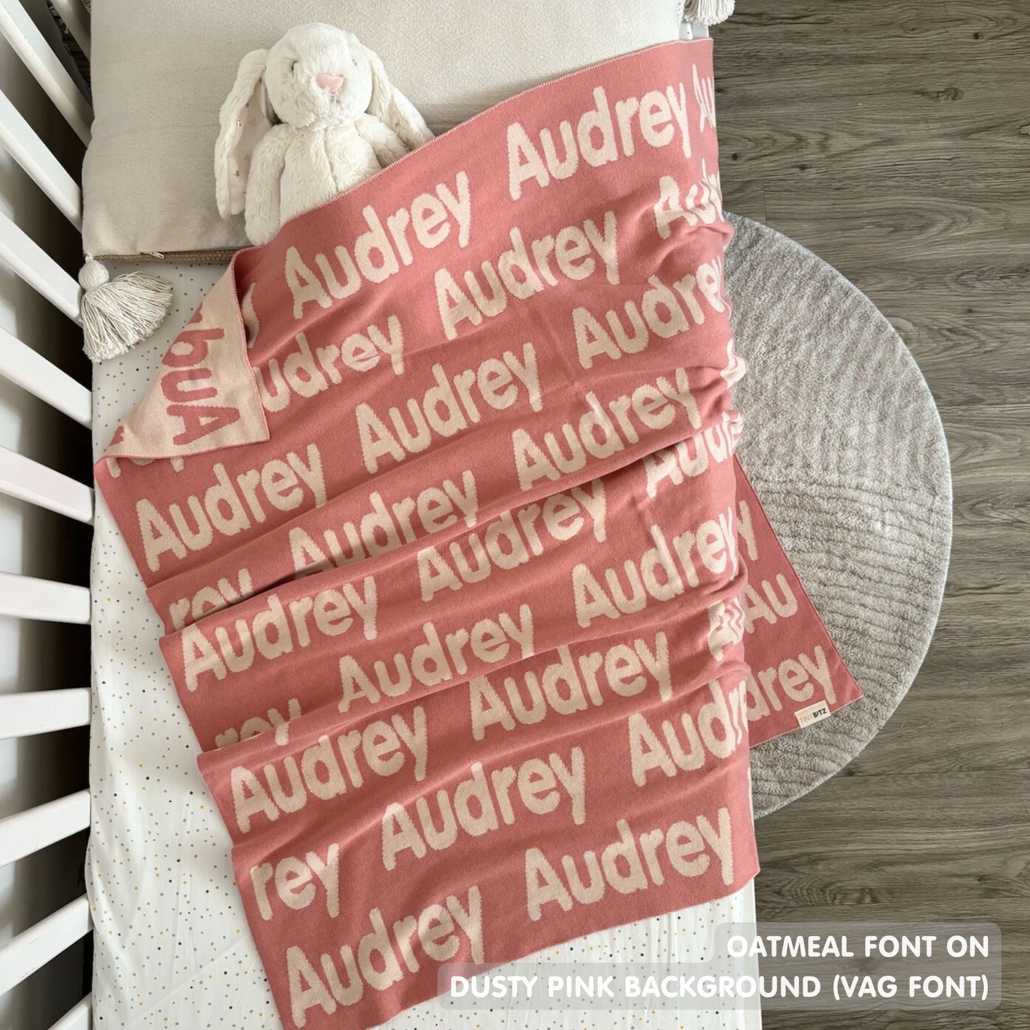 TinyBitz Personalized name blanket in dusty pink and oatmeal, perfect gift for newborn babies.