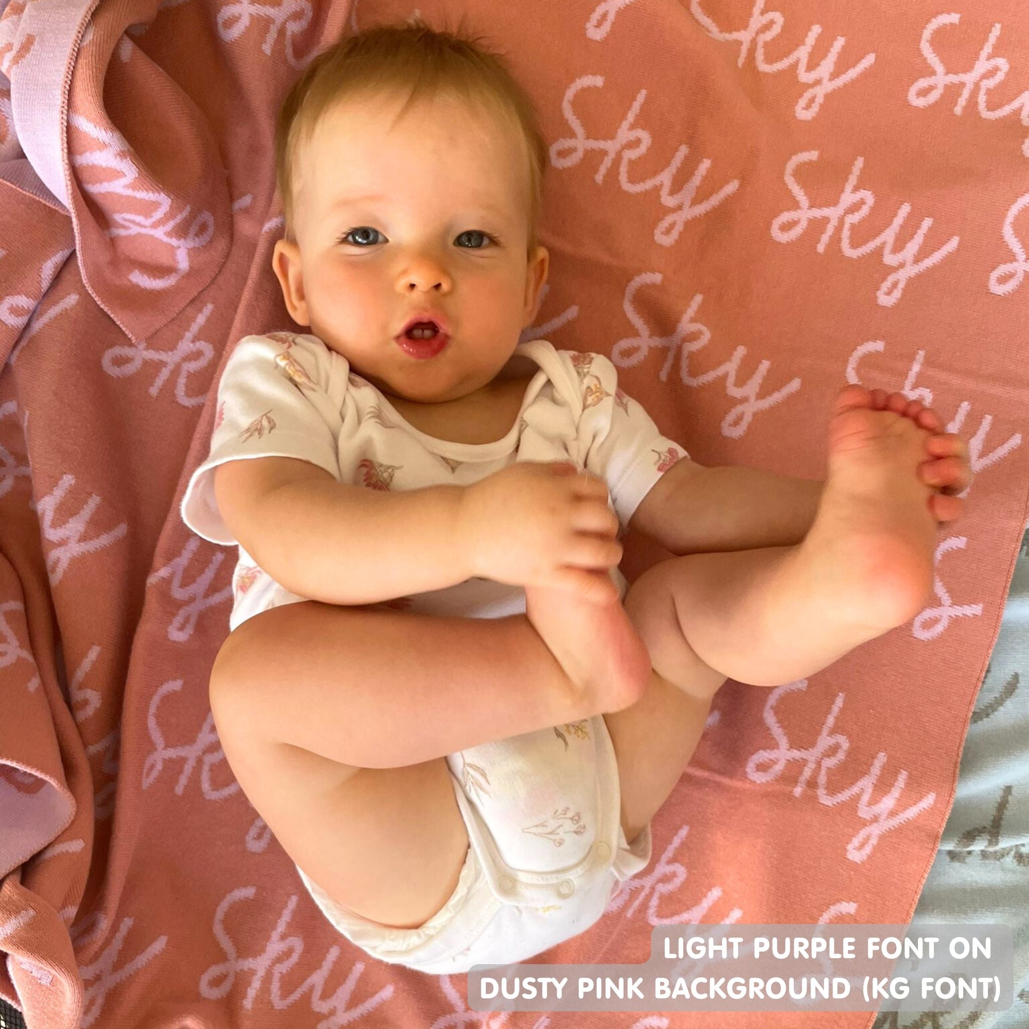 TinyBitz Personalized name blanket in dusty pink and light purple, perfect gift for newborn babies.