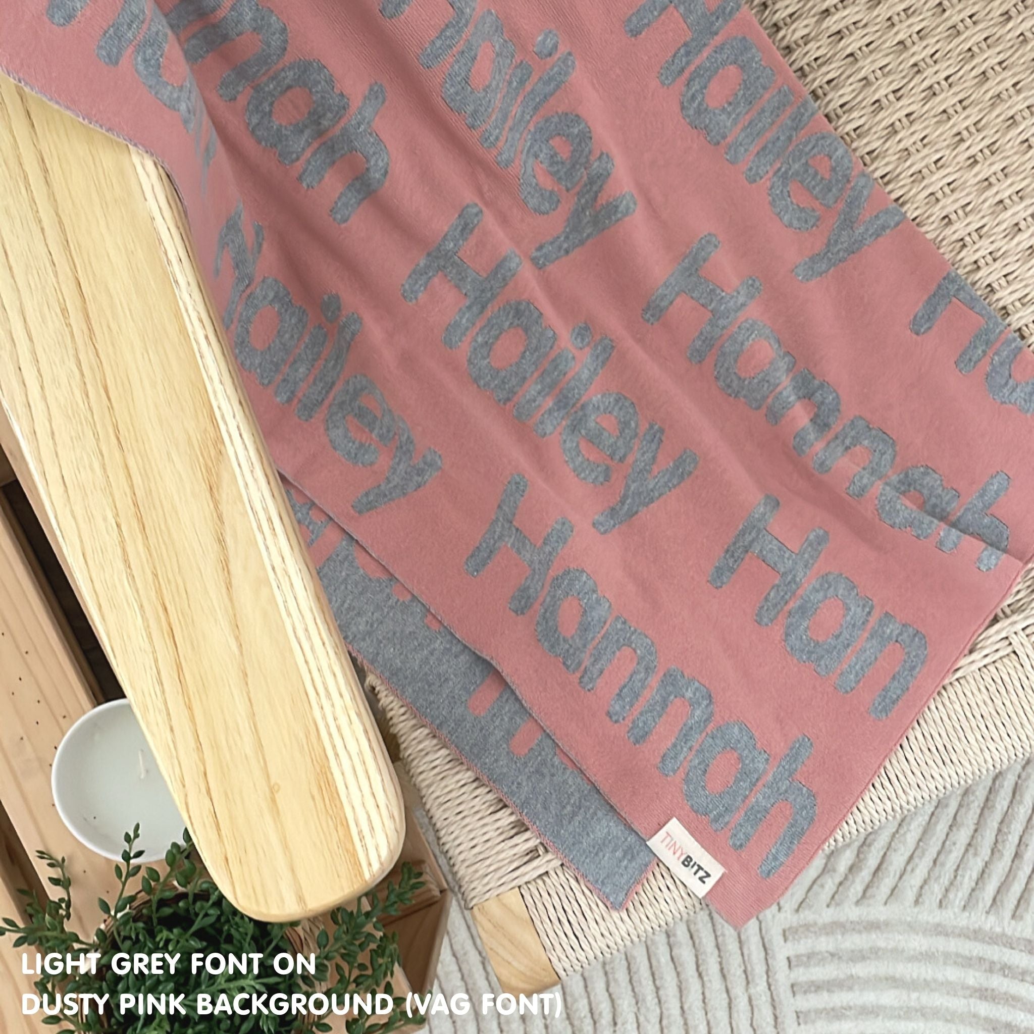 TinyBitz Custom blanket for baby girls knitted from cotton in dusty pink and light grey, made by TinyBitz.