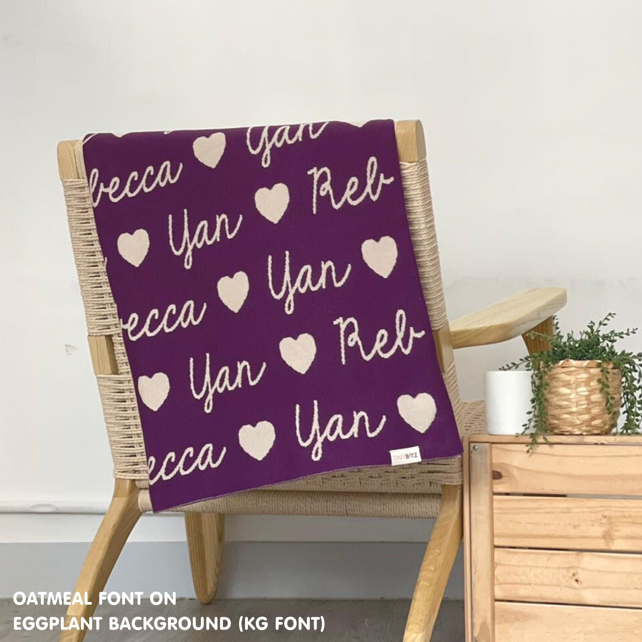Personalised blanket for adult knitted from cotton in eggplant and oatmeal, custom made by TinyBitz.