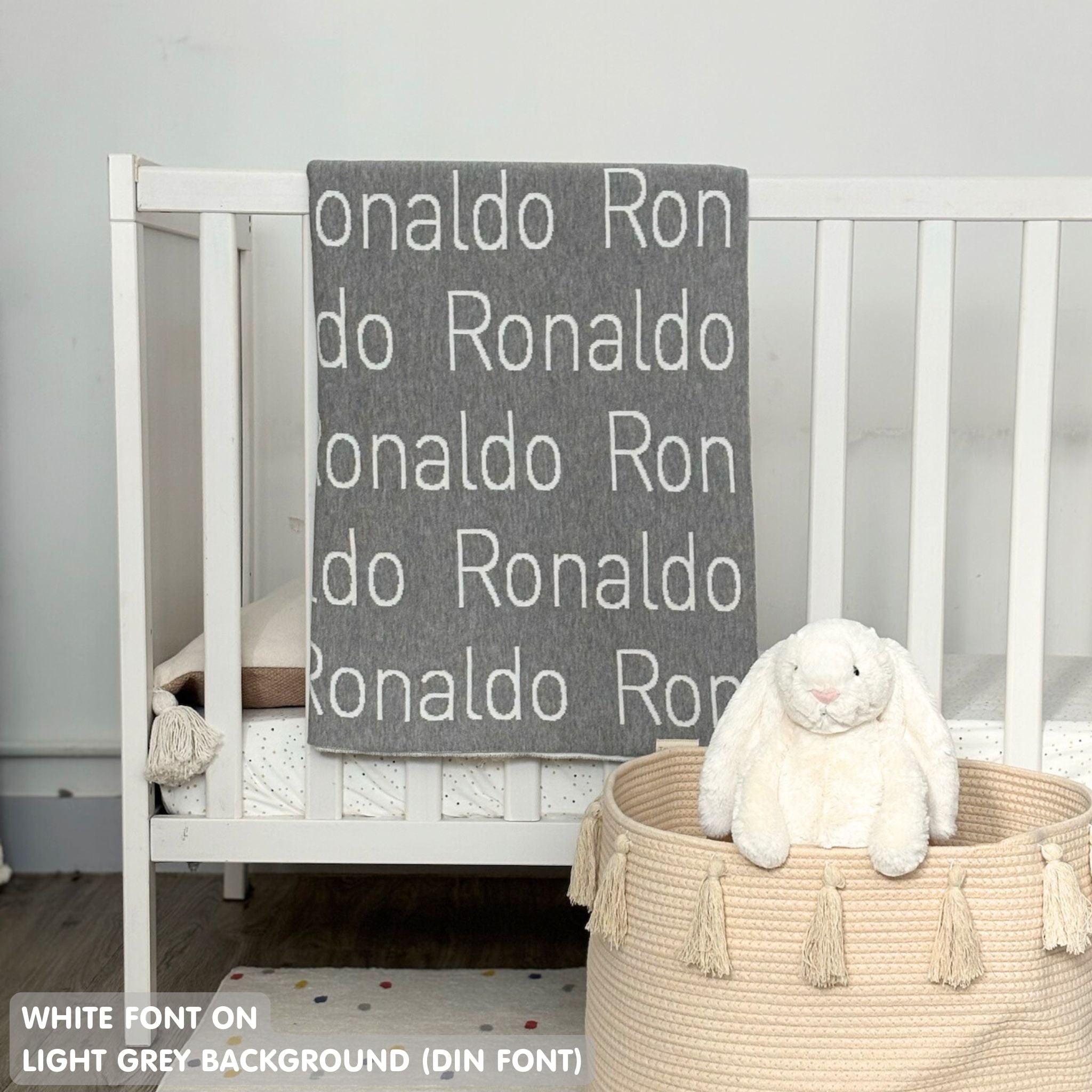 TinyBitz Personalized blanket for baby boy knitted from cotton in light grey and white.