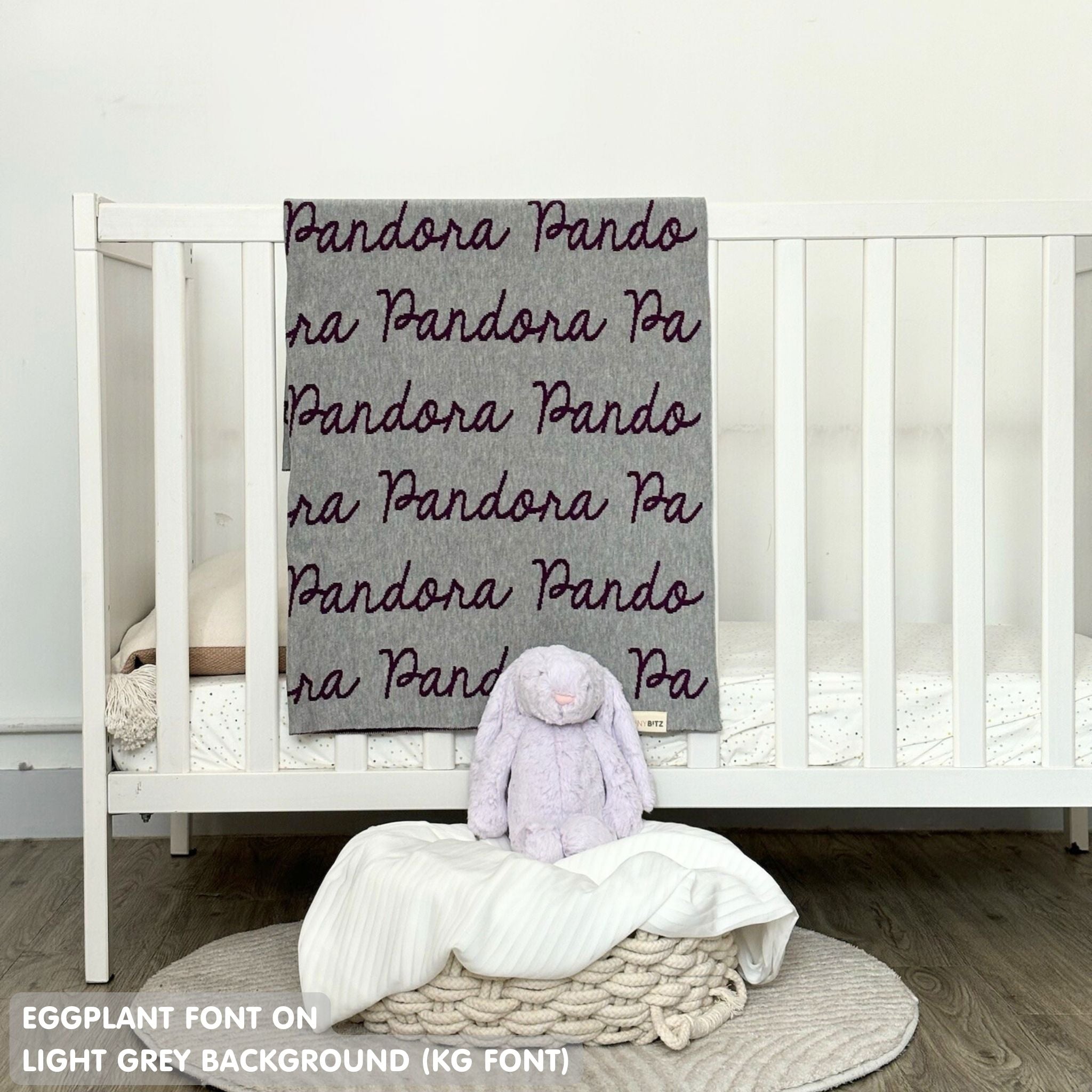 TinyBitz Custom blanket for baby girls knitted from cotton in light grey and eggplant, made by TinyBitz.