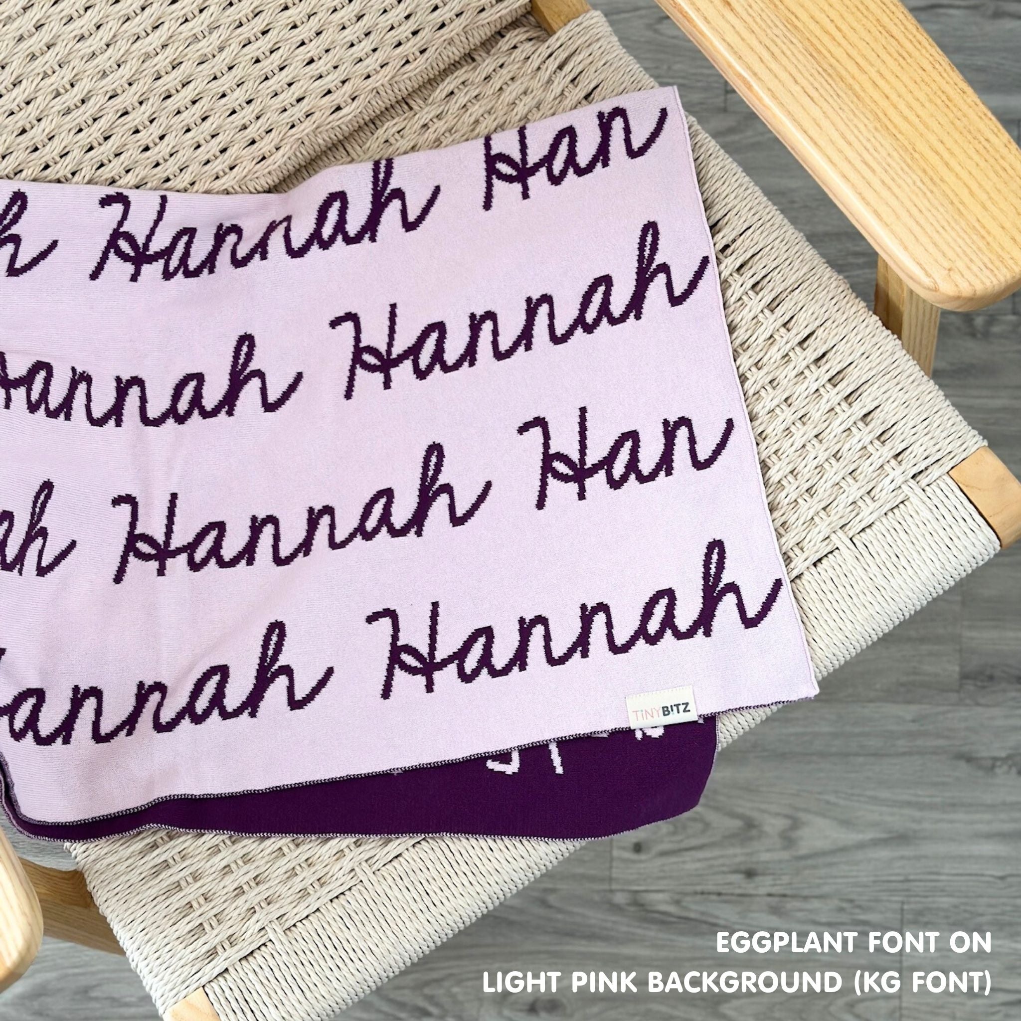 Personalised pet blanket for dogs in light pink and eggplant, custom knitted dog blanket by TinyBitz, cozy gift for small dogs.