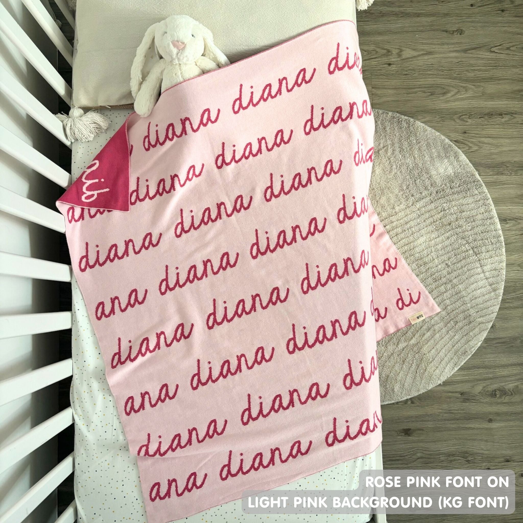 TinyBitz Personalized blanket for baby girls knitted from cotton in light pink and rose pink.