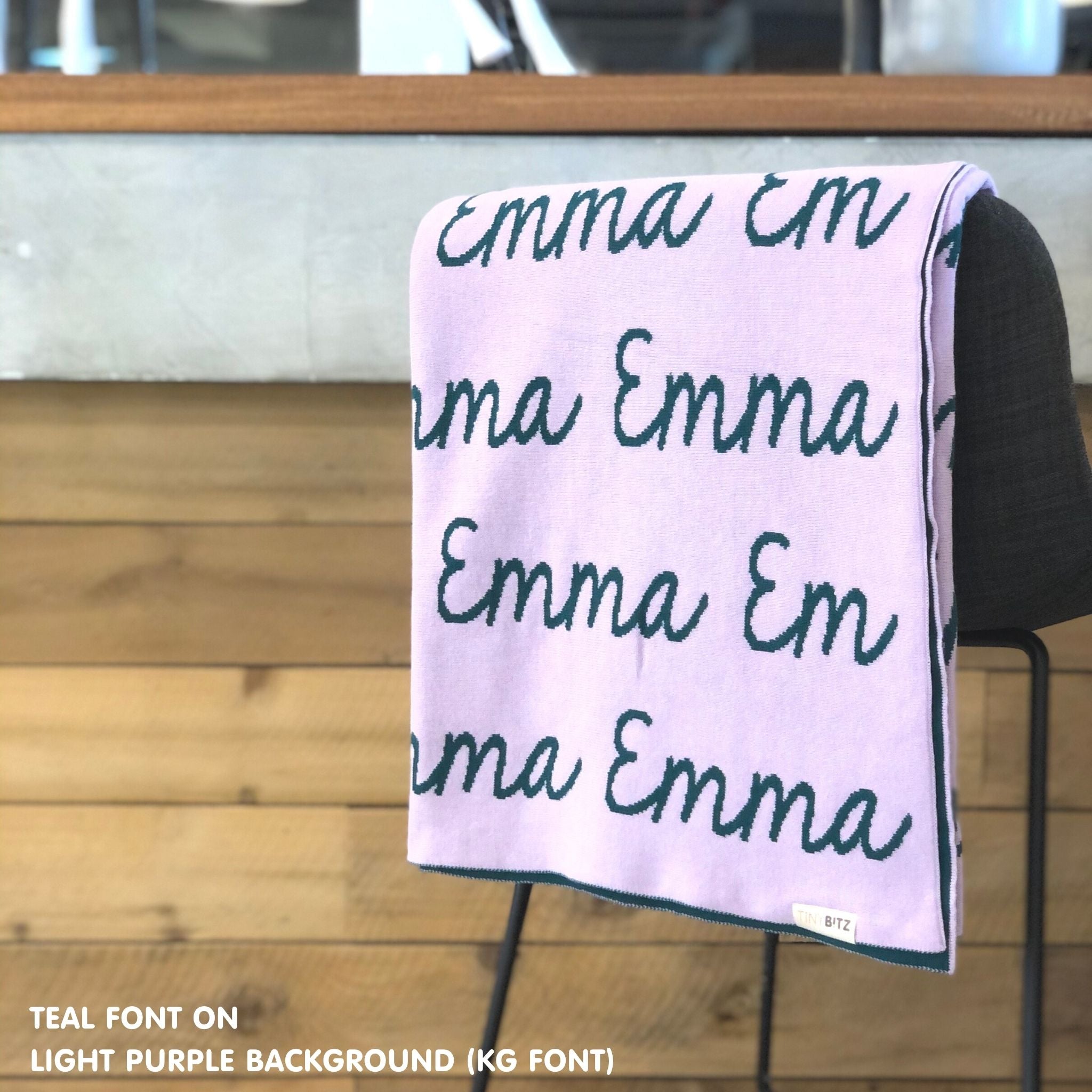 Personalised blanket for adult knitted from cotton in light purple and teal, custom made by TinyBitz.