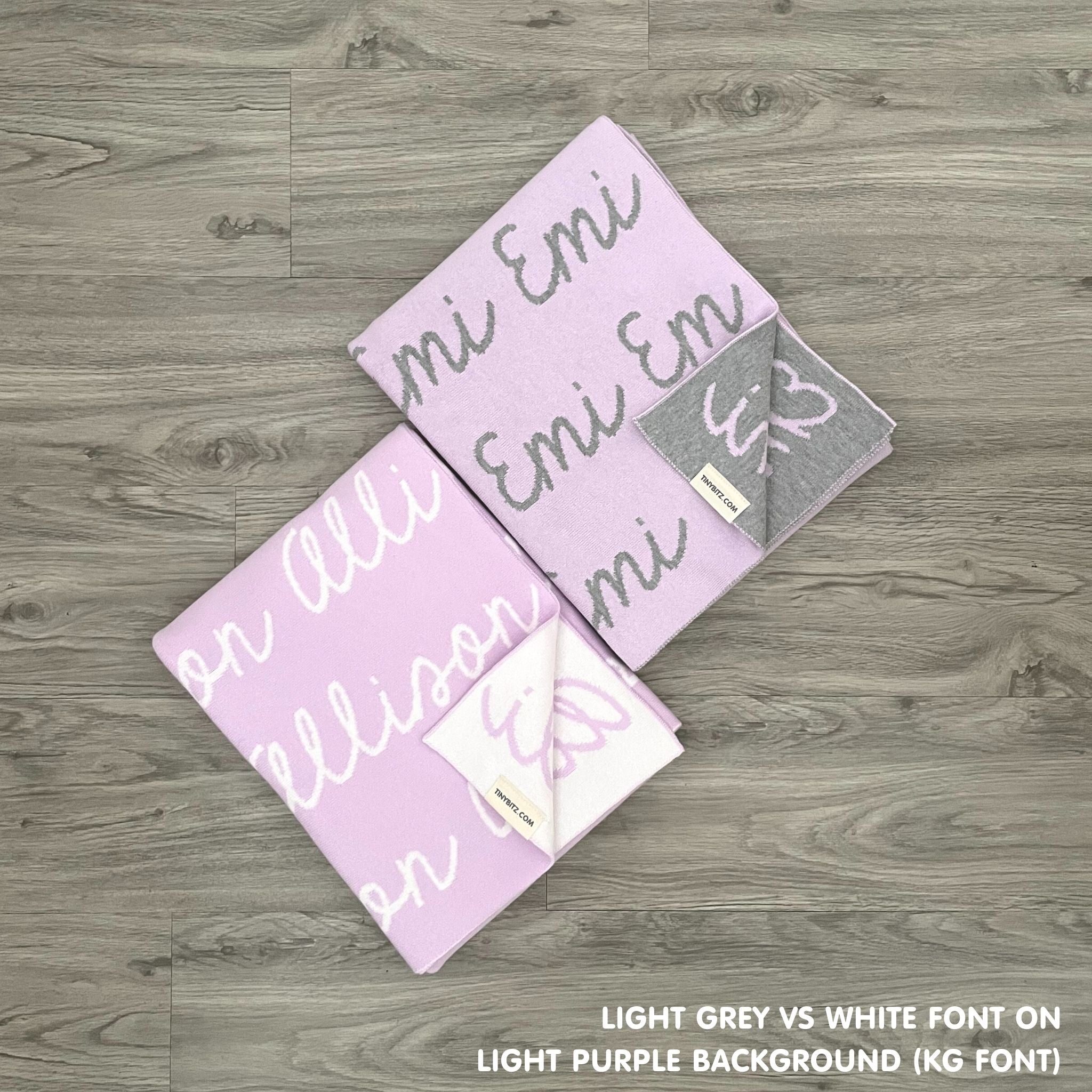 Customisable blanket with adult's name knitted in light purple colour, personalized by TinyBitz.