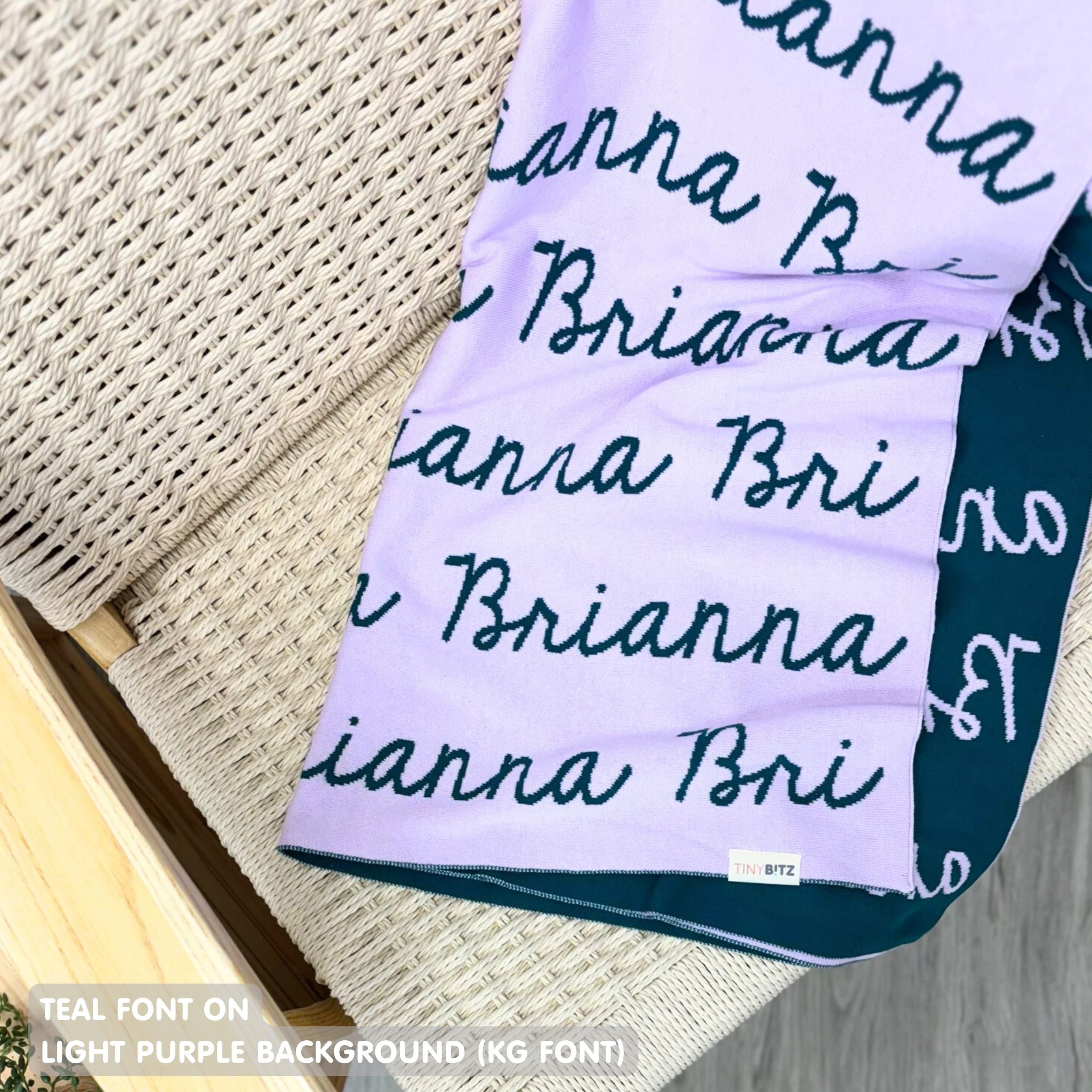 TinyBitz knitted name blanket in light purple and teal can be used to decorate your baby's room!