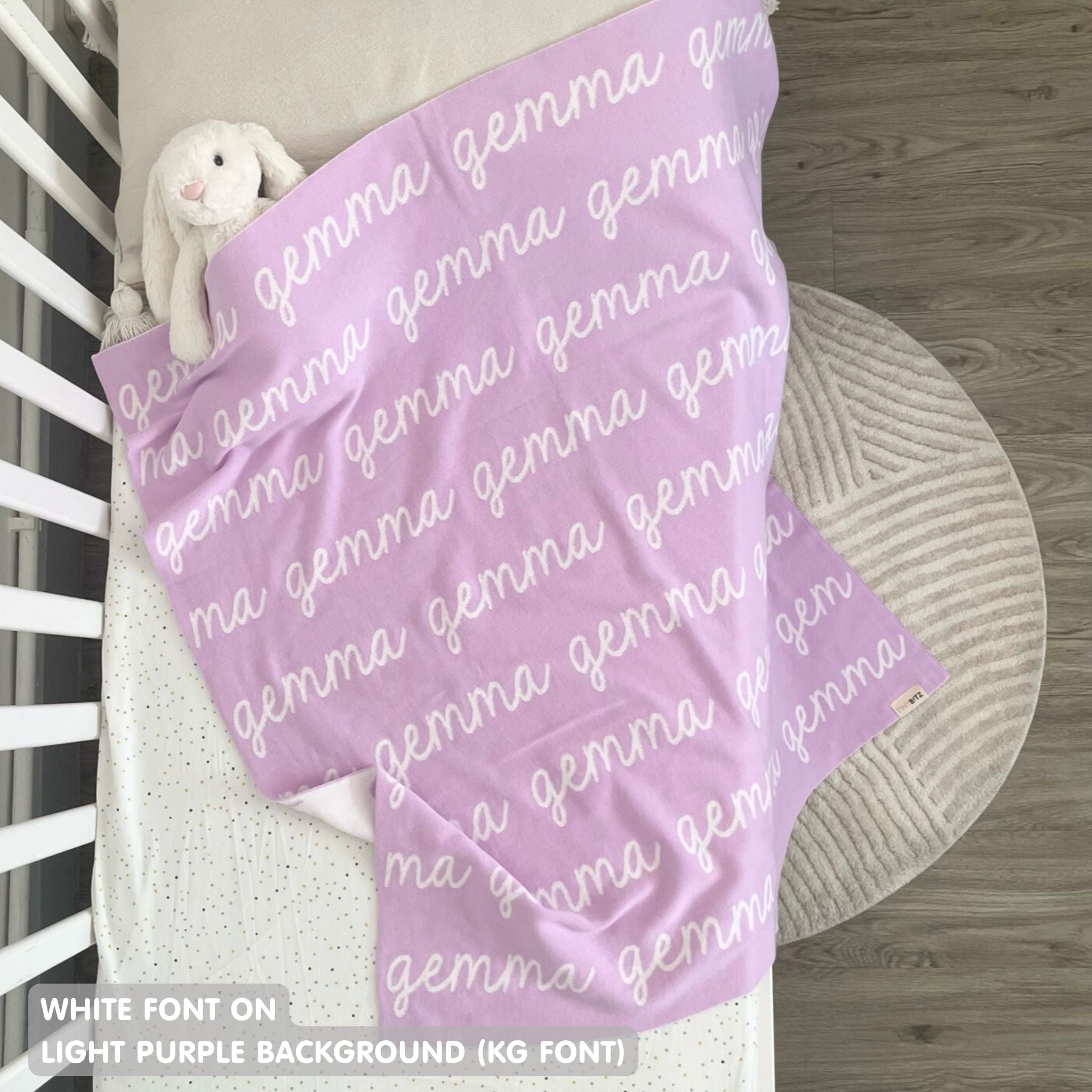 TinyBitz Personalized name blanket in light purple and white, perfect gift for newborn babies.