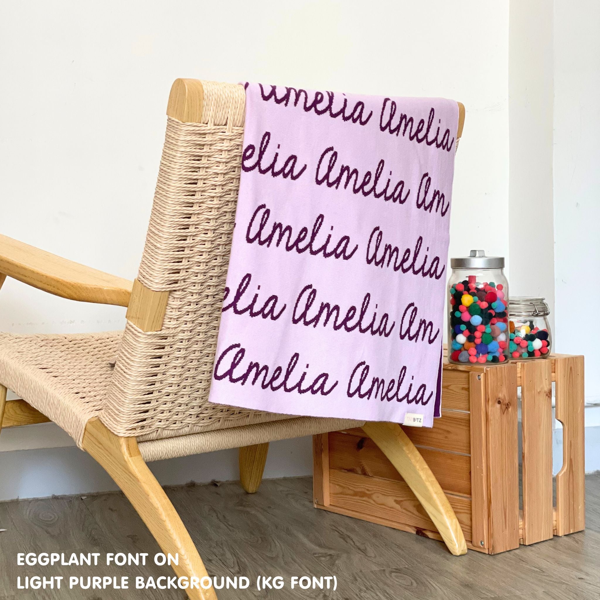 Personalised pet blanket for cats in light purple and eggplant knitted cotton, personalise your cat bed with custom knitted cat blanket by TinyBitz.