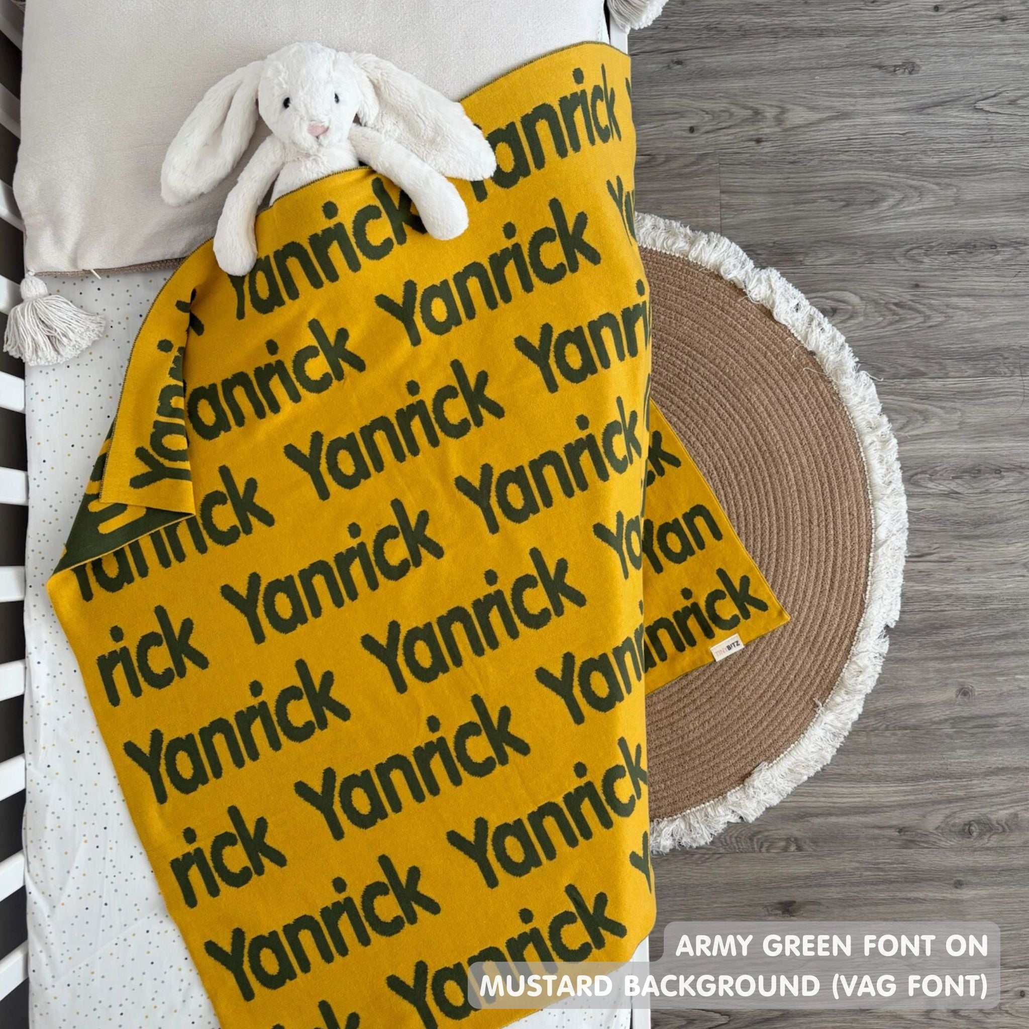 TinyBitz Personalized name blanket in mustard and amry green, perfect gift for newborn babies.