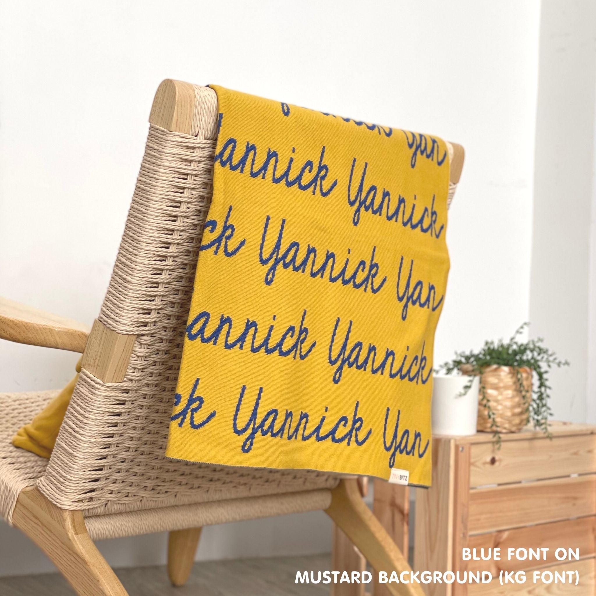 Custom cotton blanket as a gift for him, knitted in mustard and blue by TinyBitz.