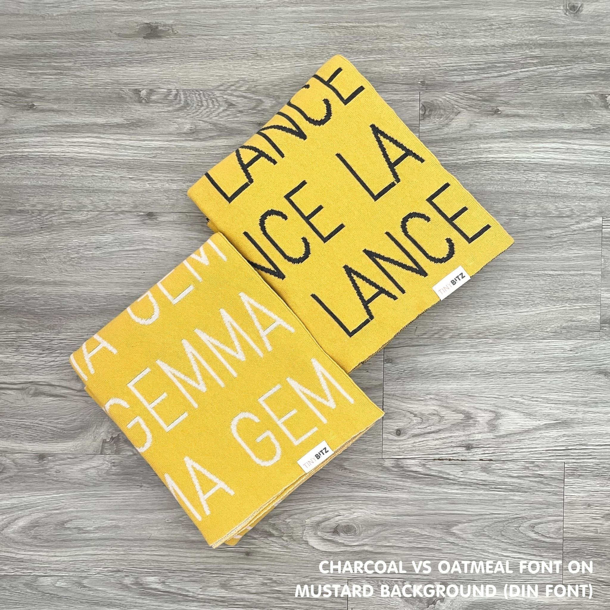 Personalised blanket for adult knitted from cotton in mustard colour, custom made by TinyBitz.