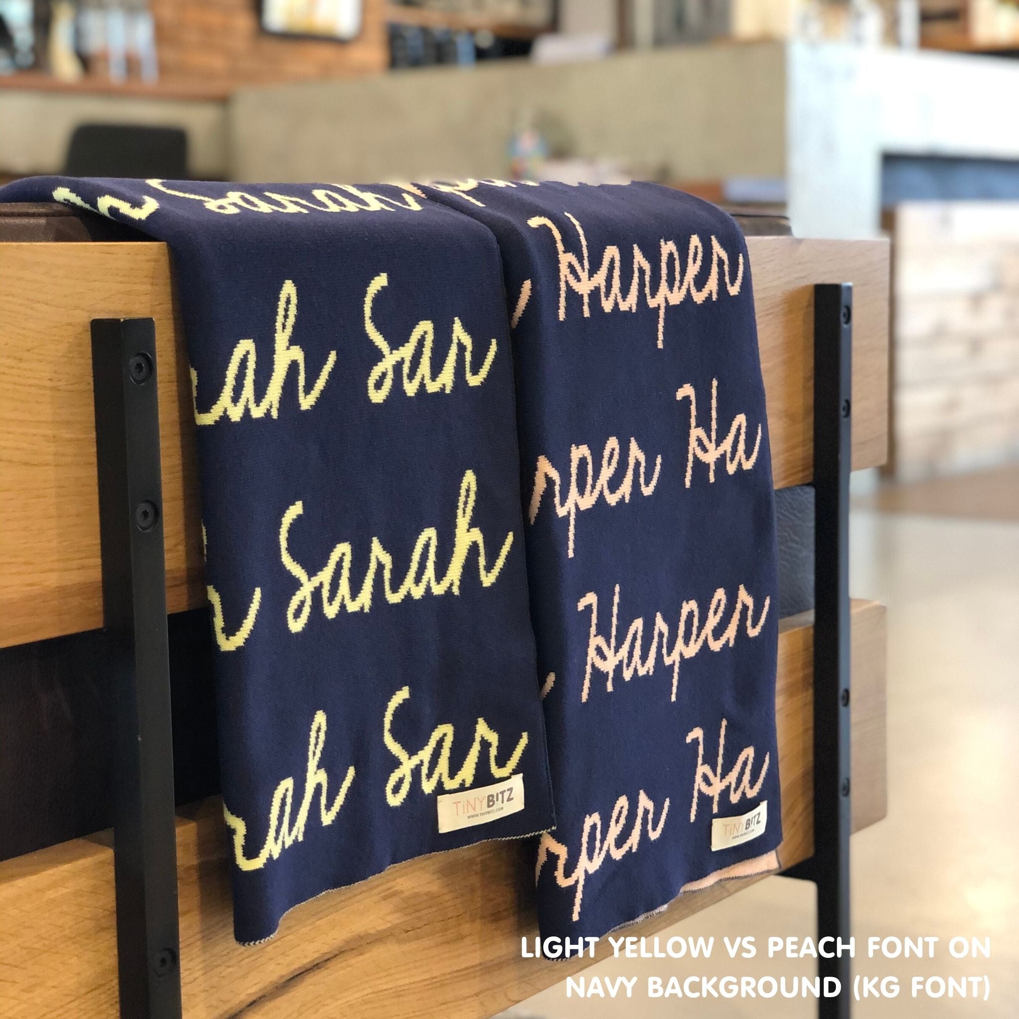 Personalised blanket for adult knitted from cotton in navy colour, custom made by TinyBitz.