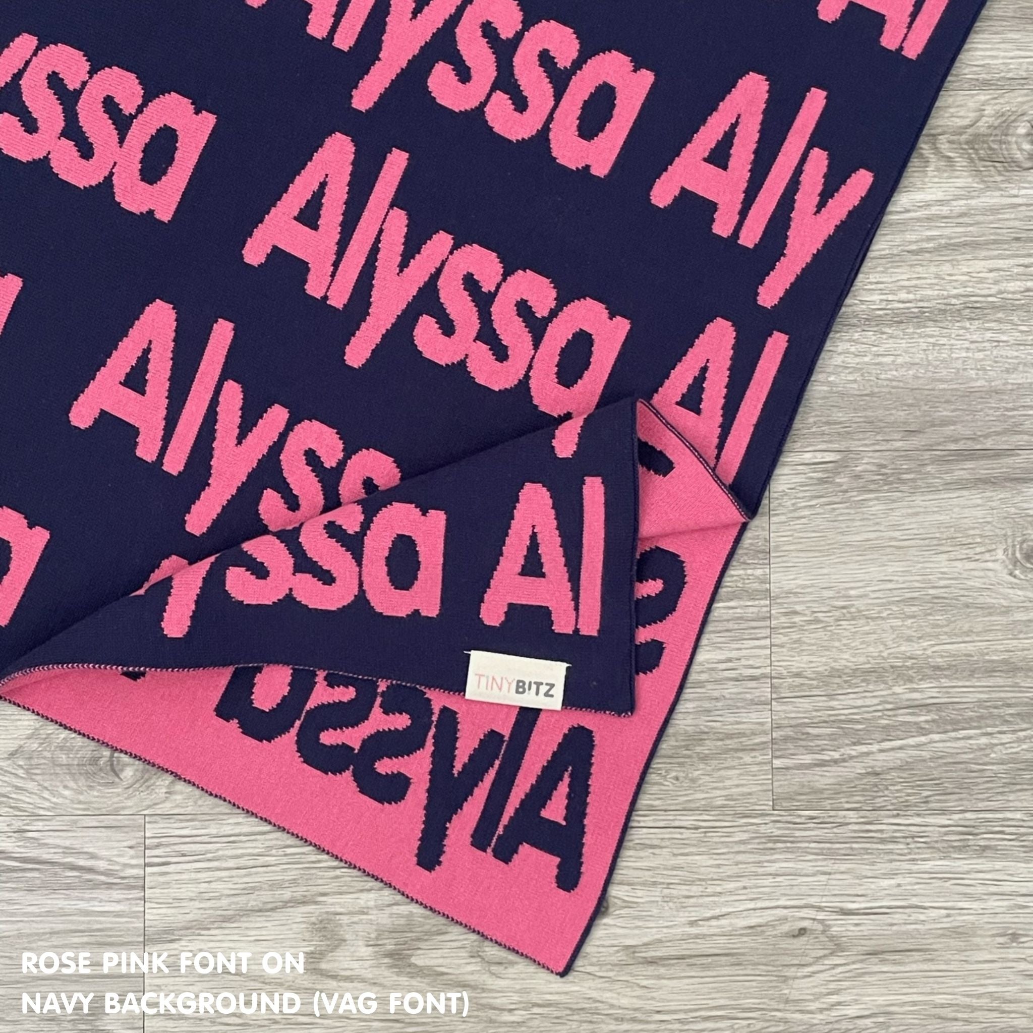 Custom cotton blanket as a gift for her, knitted in navy and rose pink by TinyBitz.