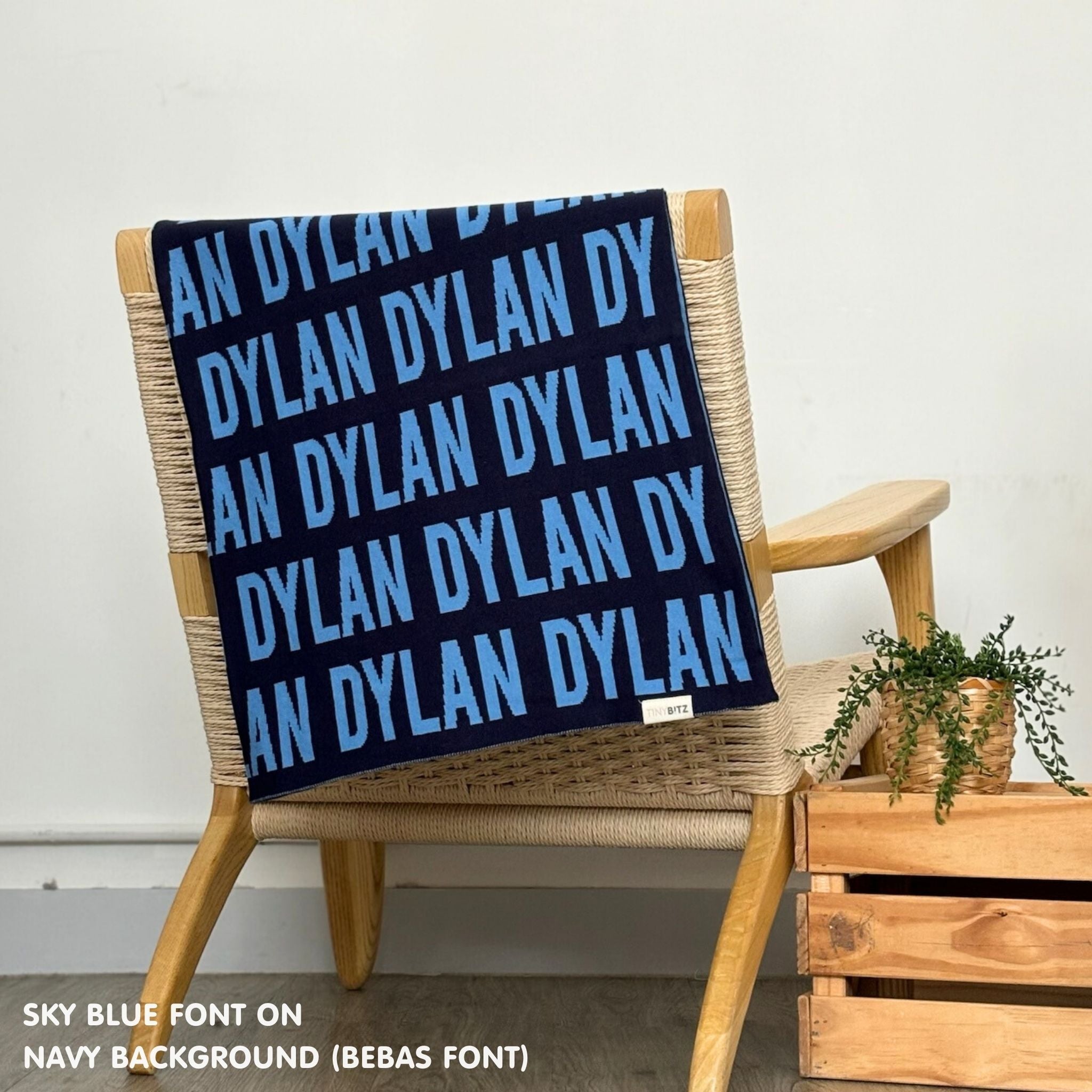 Personalised blanket for adult knitted from cotton in navy and sky blue, custom made by TinyBitz.