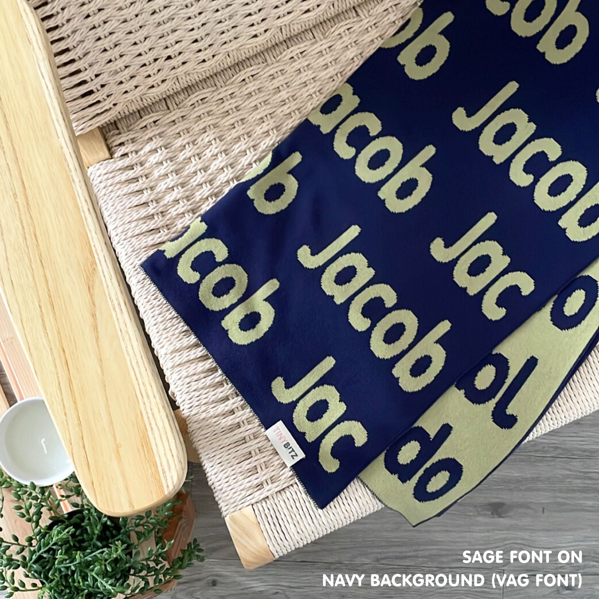 Custom cotton blanket as a gift for him, knitted in navy and sage by TinyBitz.