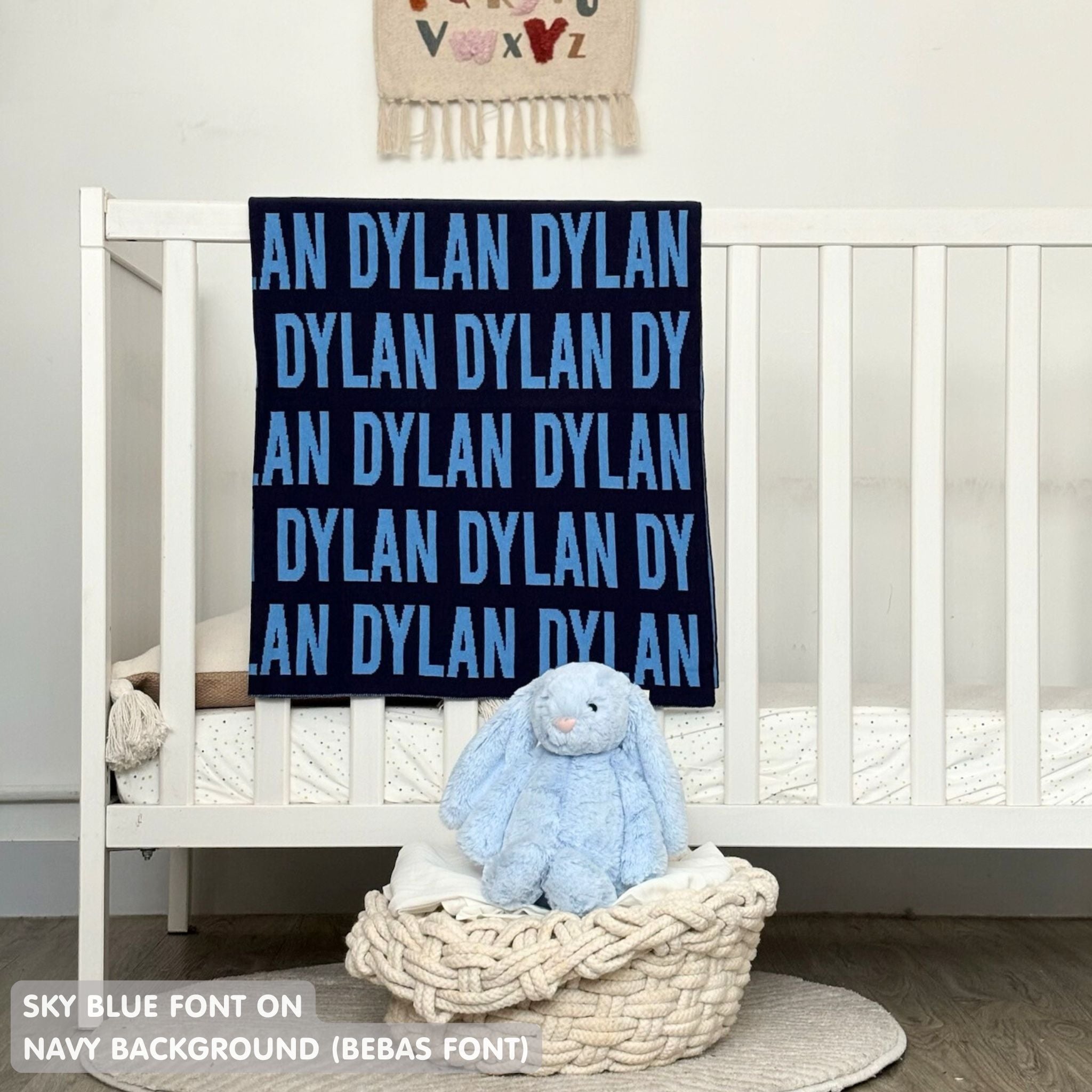 TinyBitz Custom Blanket knitted from cotton with baby's name on navy background, best gift to welcome a newborn baby.