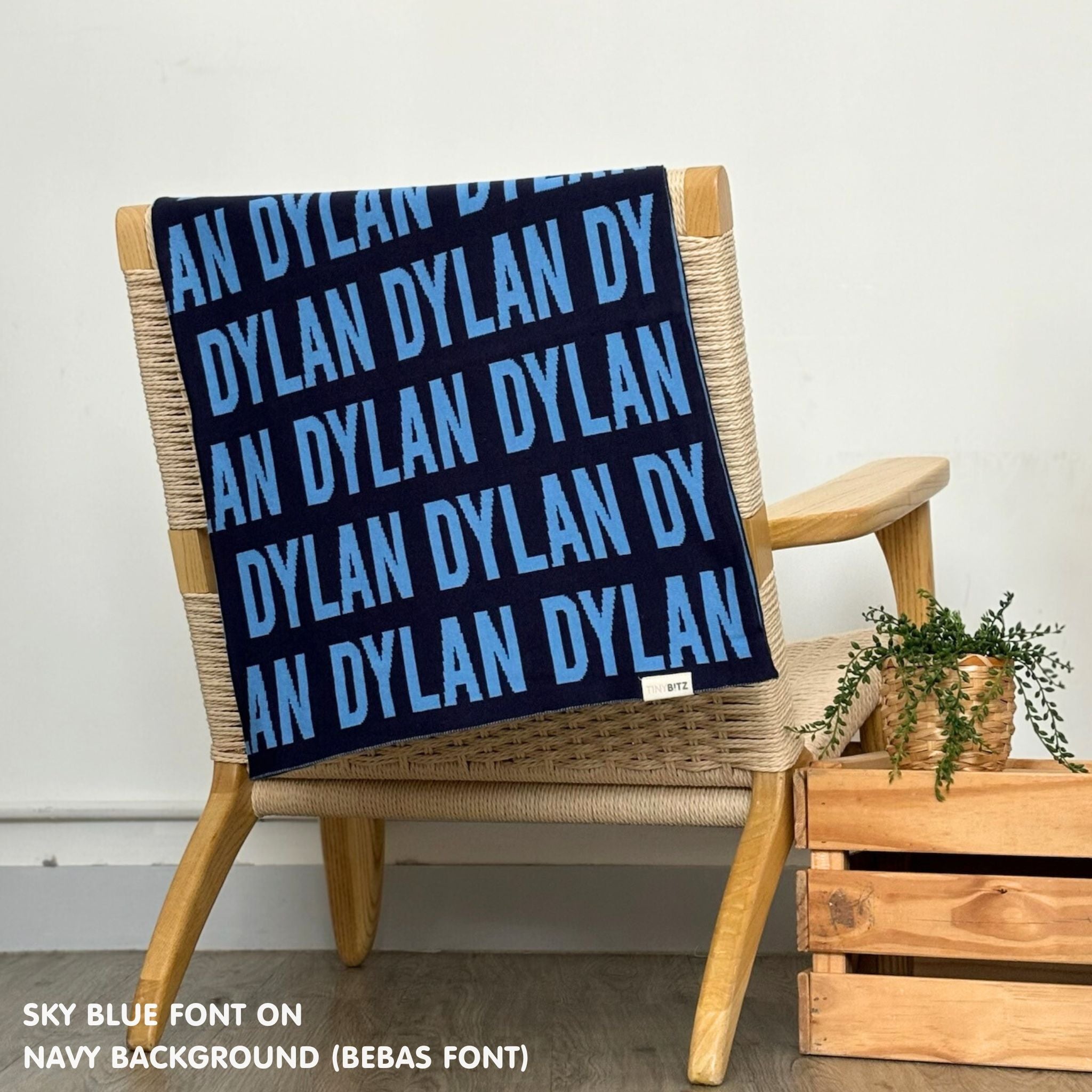 Personalised pet blanket for dogs in navy and sky blue, custom knitted dog blanket by TinyBitz, cozy gift for small dogs.