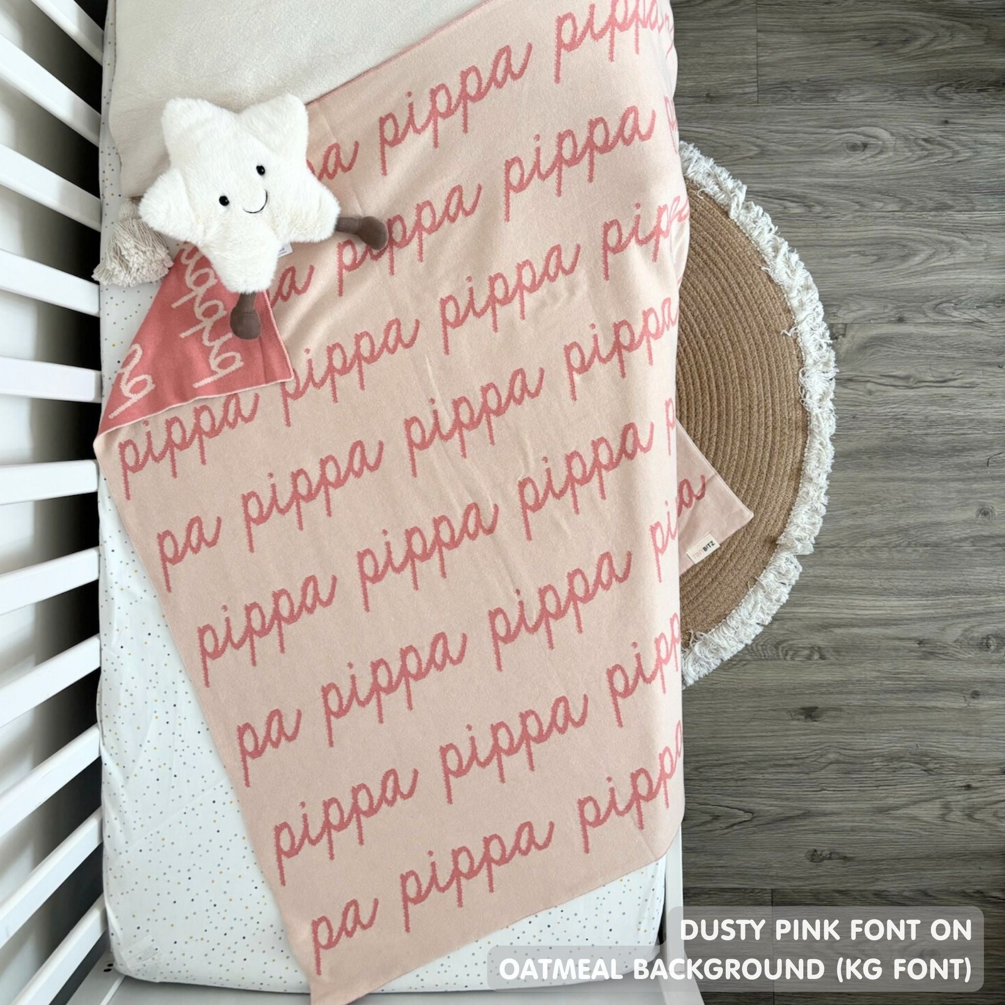 TinyBitz Personalized blanket for baby girls knitted from cotton in oatmeal and dusty pink.