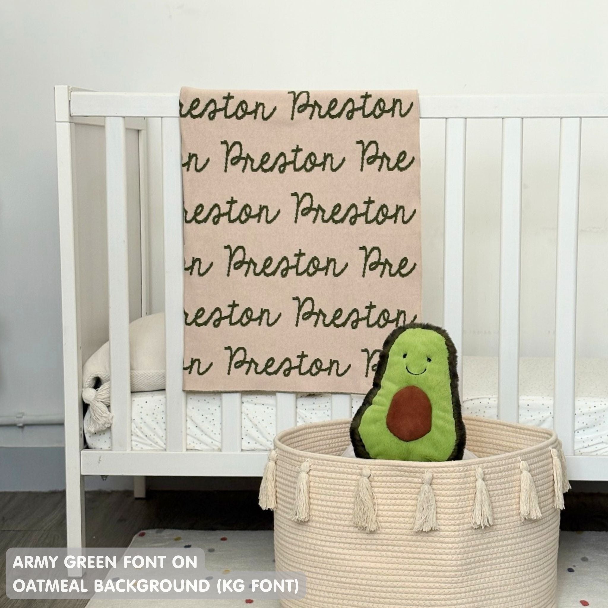 Knitted baby blanket in oatmeal and army green, customised with baby's name, made by TinyBitz.
