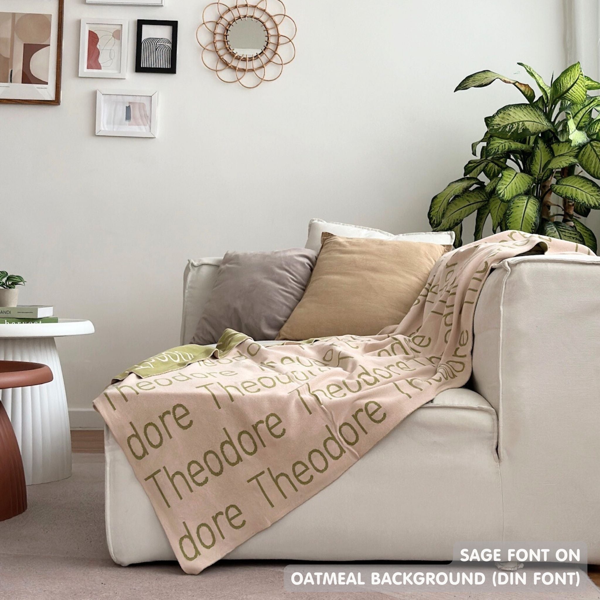 Customisable sofa throw and blanket with your own name knitted in oatmeal and sage, made by TinyBitz!